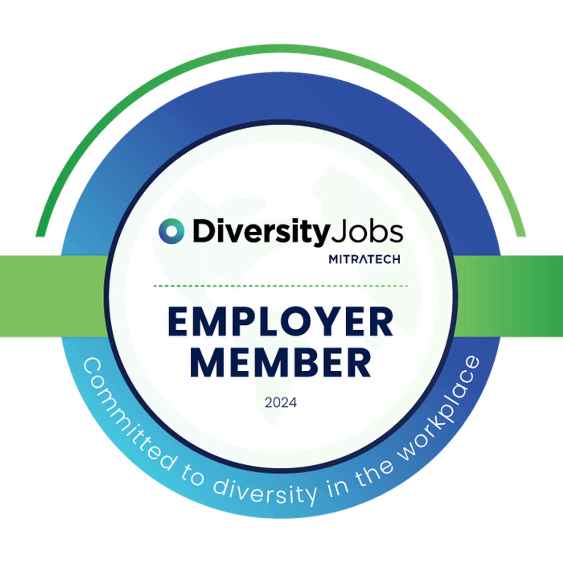 A circular badge reads “DiversityJobs Mitratech Employer Member 2024” with a green and blue border. Text around the edge says, “Committed to diversity in the workplace.”.