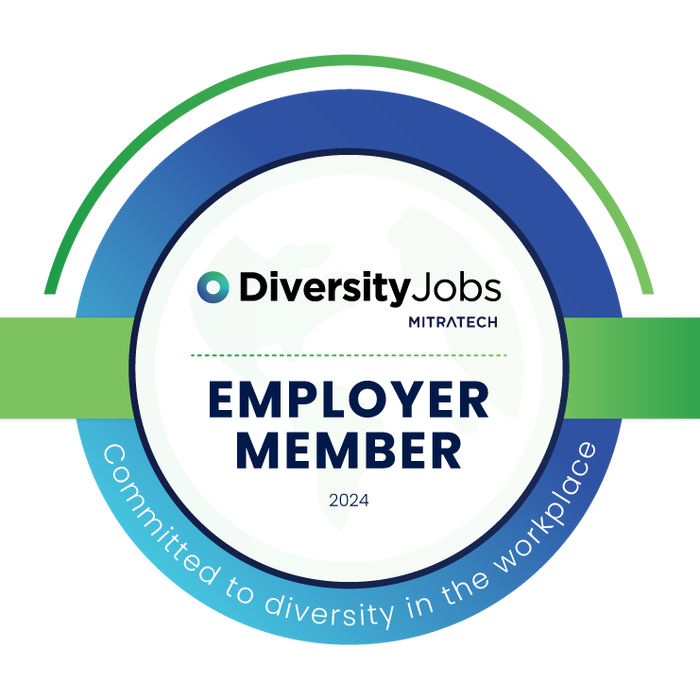 A circular badge reads “DiversityJobs Mitratech Employer Member 2024” with a green and blue border. Text around the edge says, “Committed to diversity in the workplace.”.