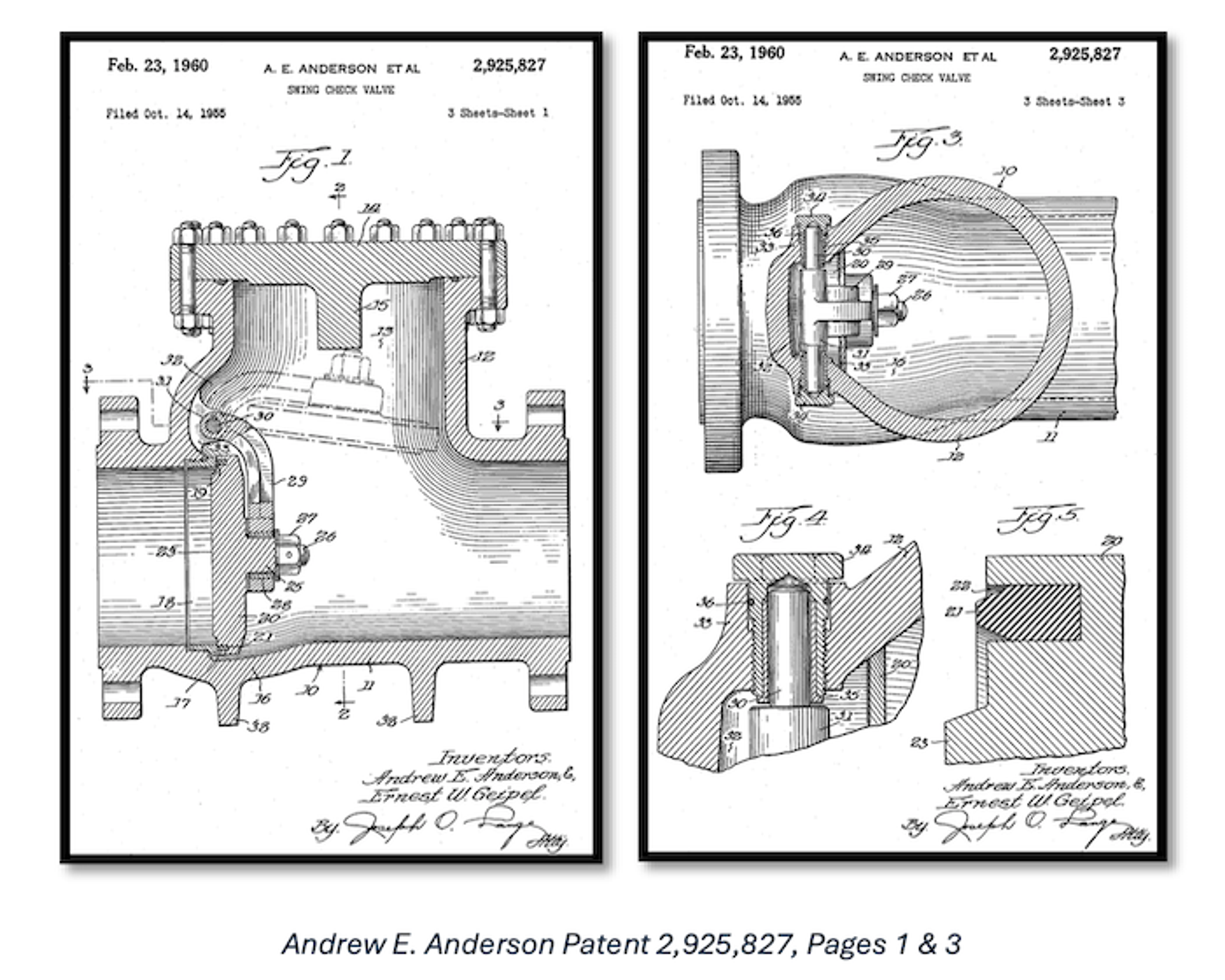 Patent drawings of a swing check valve, showing internal mechanisms and labeled components, dated Feb. 23, 1960, by Andrew E. Anderson. Includes technical illustrations and inventor signatures.