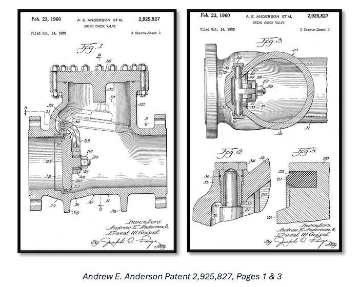 Patent drawings of a swing check valve, showing internal mechanisms and labeled components, dated Feb. 23, 1960, by Andrew E. Anderson. Includes technical illustrations and inventor signatures.