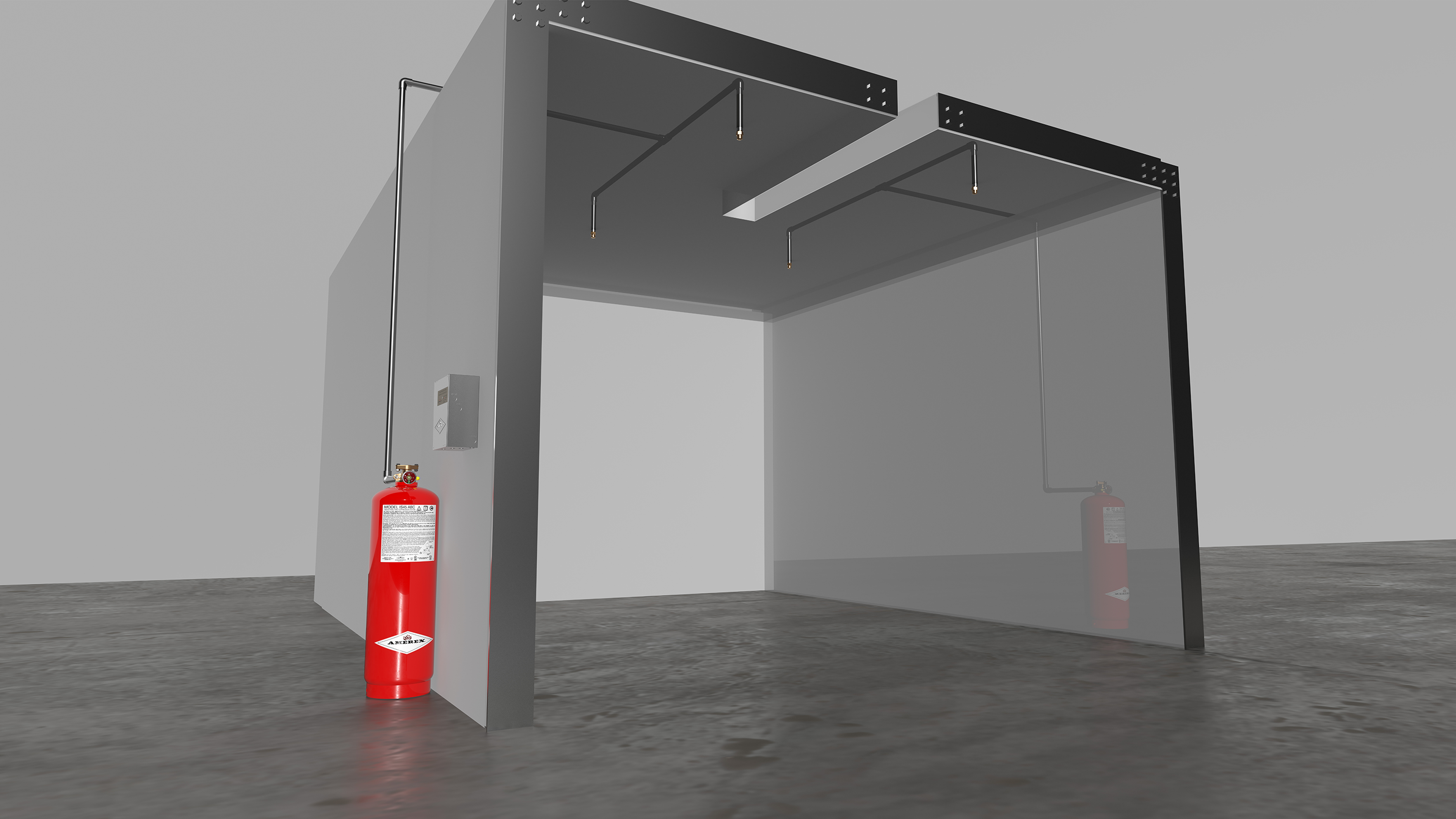 A 3D-rendered fire suppression system setup in a gray room with a red fire extinguisher cylinder, pipes, and nozzles visible on the ceiling and walls.