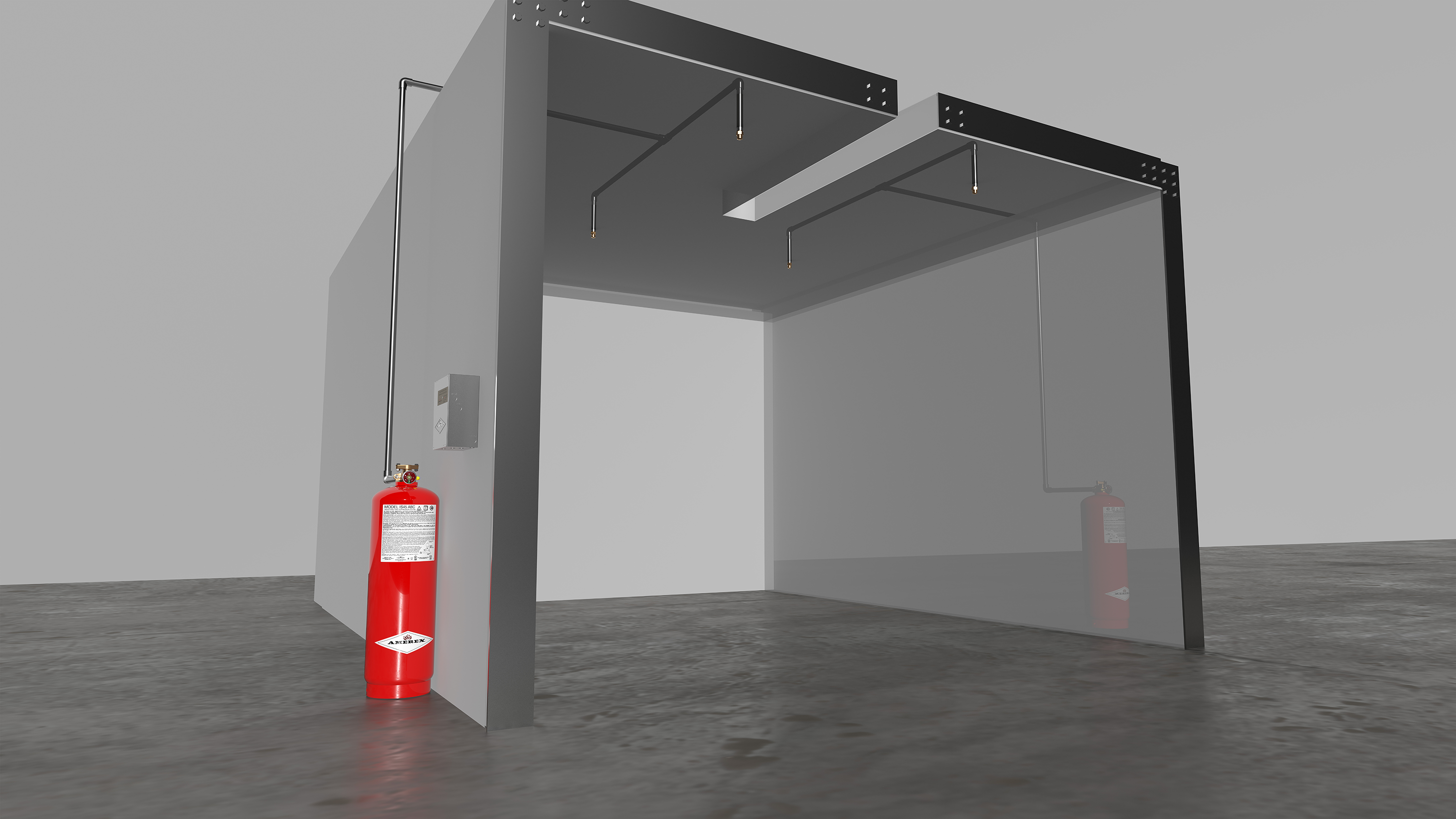 A 3D-rendered fire suppression system setup in a gray room with a red fire extinguisher cylinder, pipes, and nozzles visible on the ceiling and walls.