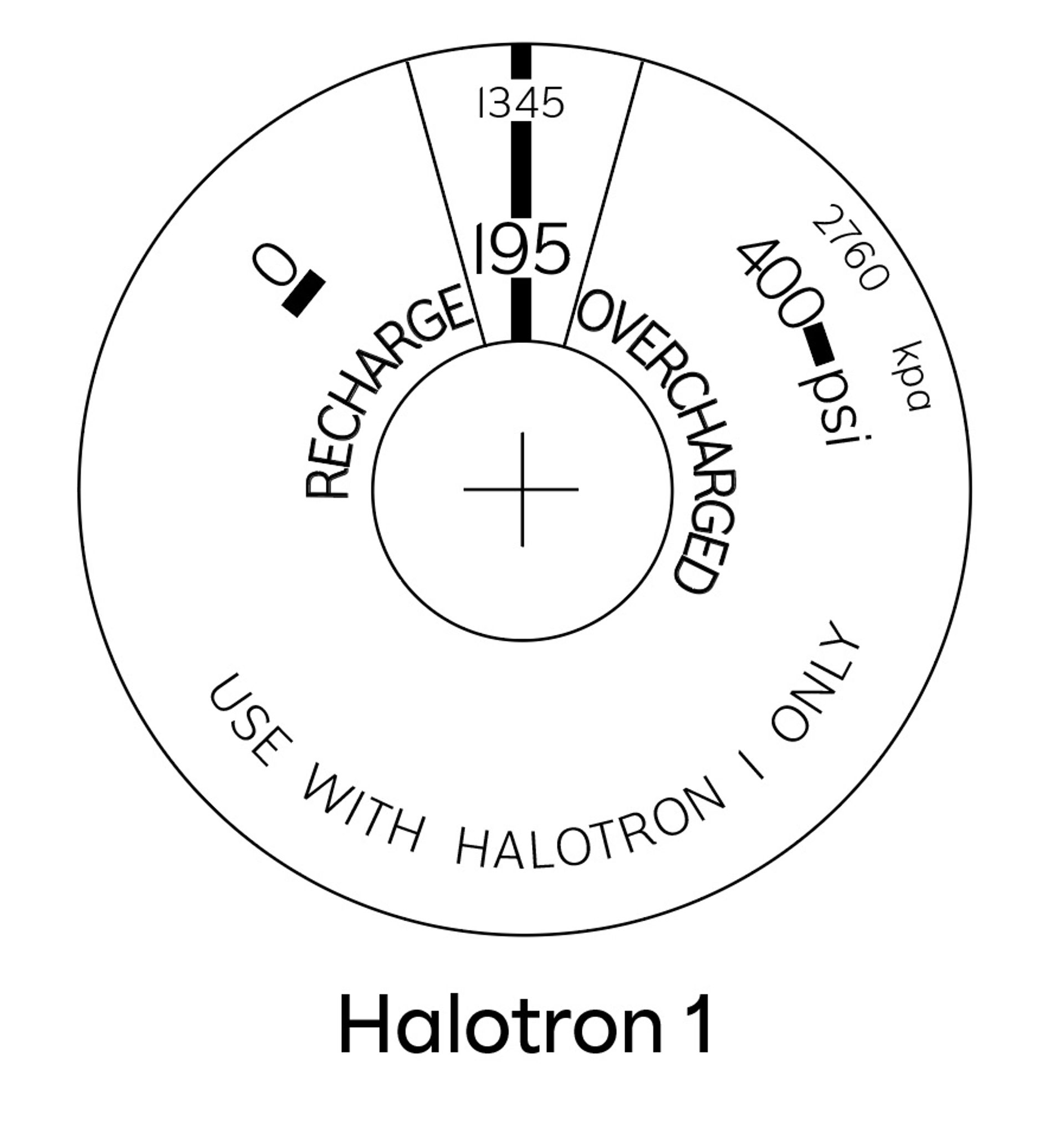 Pressure gauge labeled “Halotron 1” showing a needle at 195 psi, with marked zones for recharge (below 195 psi) and overcharged (above 195 psi). Text reads “USE WITH HALOTRON I ONLY.”.