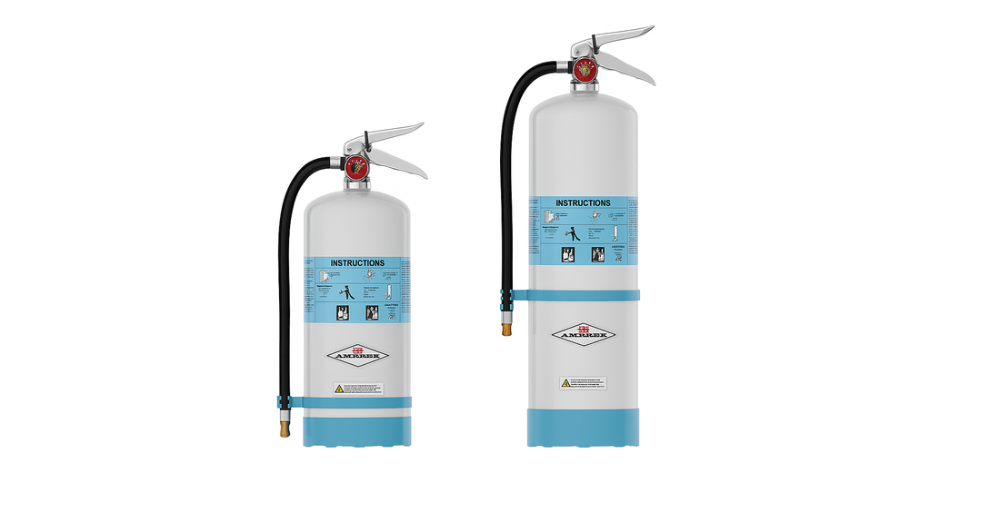 Two white fire extinguishers with blue labels and accents, standing upright on a white background. Each has a black hose, a nozzle, and instructional text on the front. One extinguisher is larger than the other.
