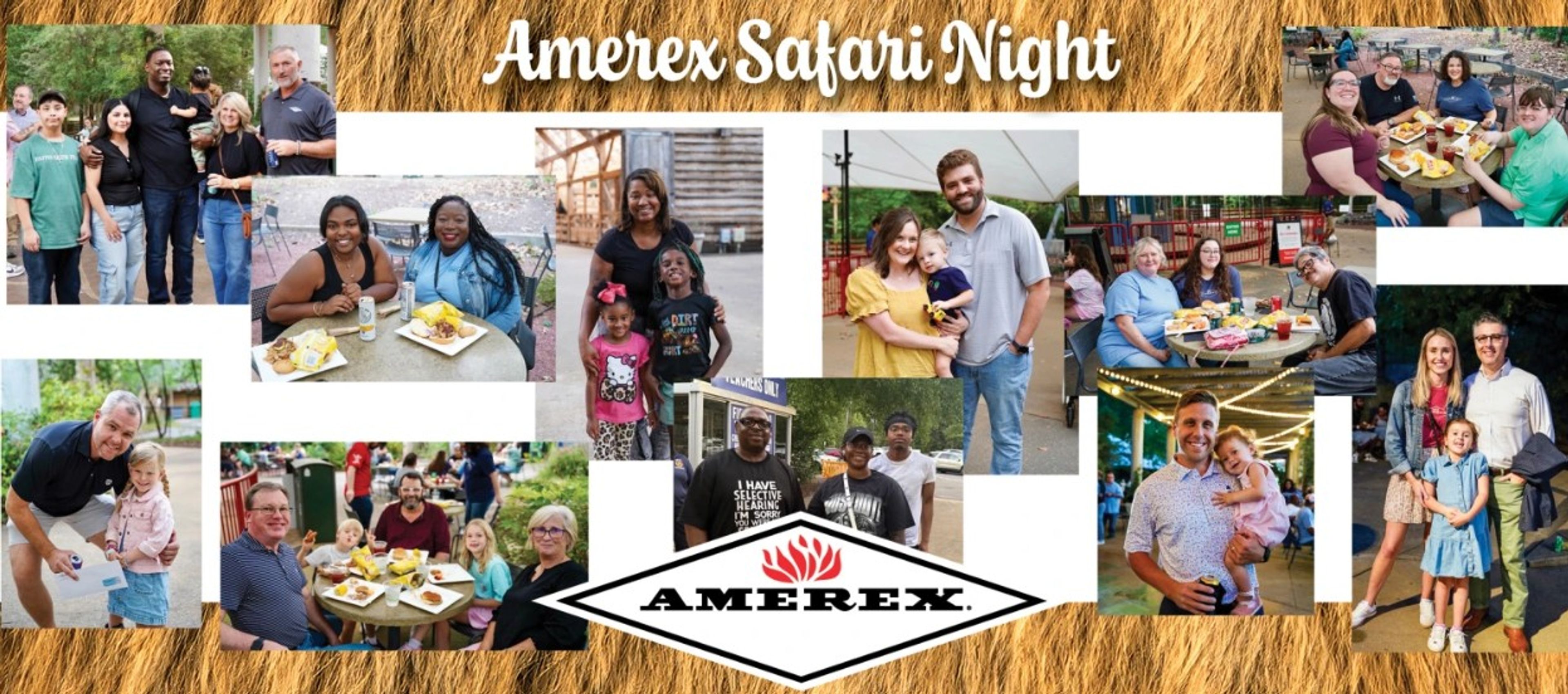Collage of diverse families and friends smiling, eating, and enjoying Amerex Safari Night outdoors. A large “Amerex” logo is at the bottom center, surrounded by various joyful group photos.