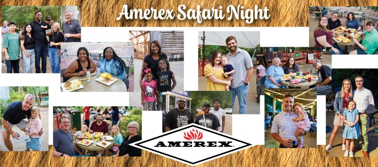 Collage of diverse families and friends smiling, eating, and enjoying Amerex Safari Night outdoors. A large “Amerex” logo is at the bottom center, surrounded by various joyful group photos.
