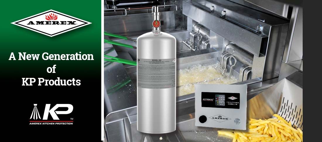 A silver Amerex fire suppression system is shown next to a fryer filled with fries. The left side displays the Amerex logo, text “A New Generation of KP Products,” and the KP logo on a green background.
