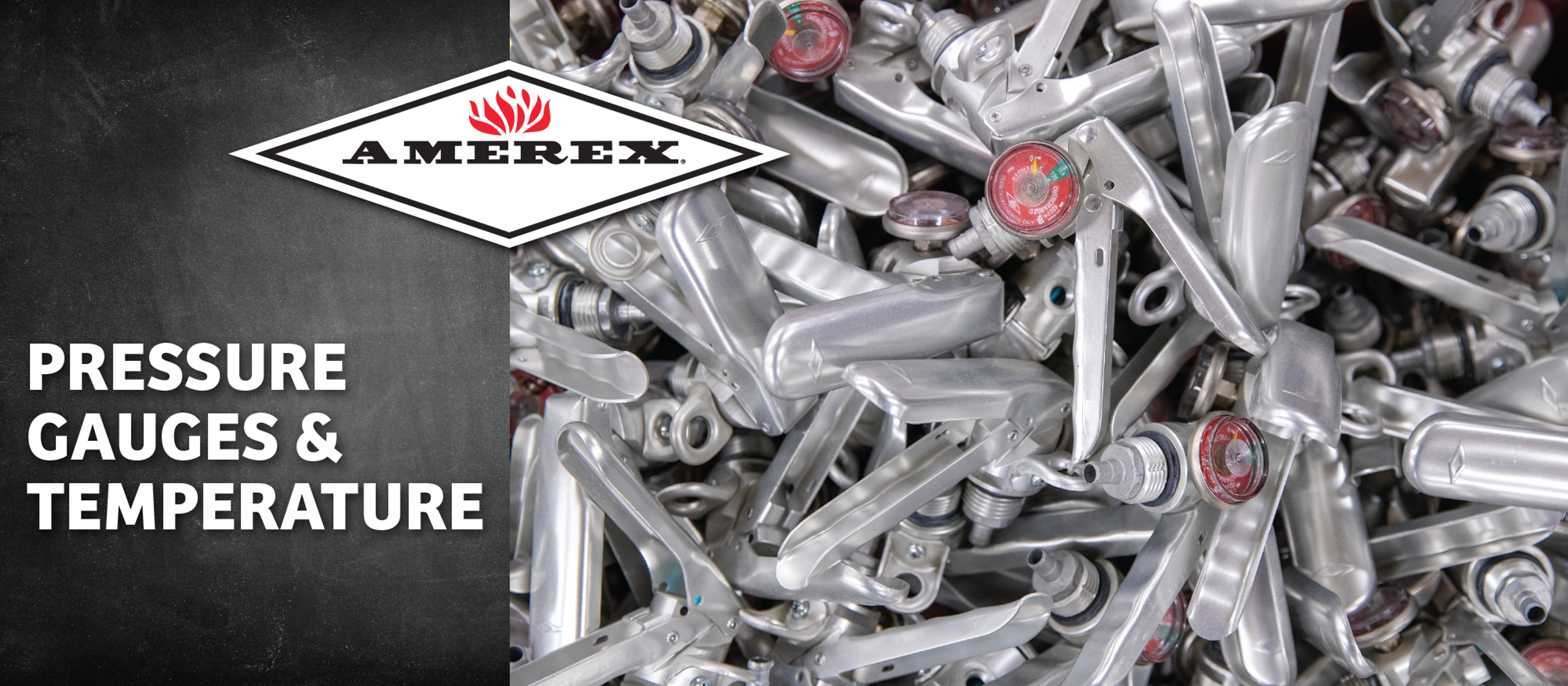 A pile of metal pressure gauge handles with red-tipped dials next to the Amerex logo and the text “Pressure Gauges &amp; Temperature” on a black background.