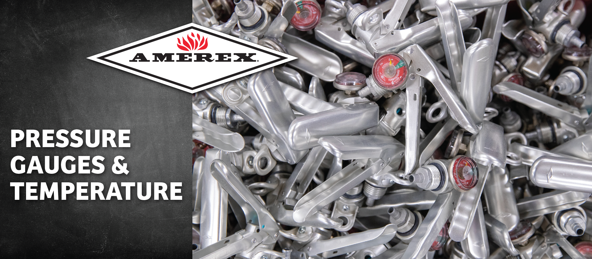 A pile of metal pressure gauge handles with red-tipped dials next to the Amerex logo and the text “Pressure Gauges & Temperature” on a black background.
