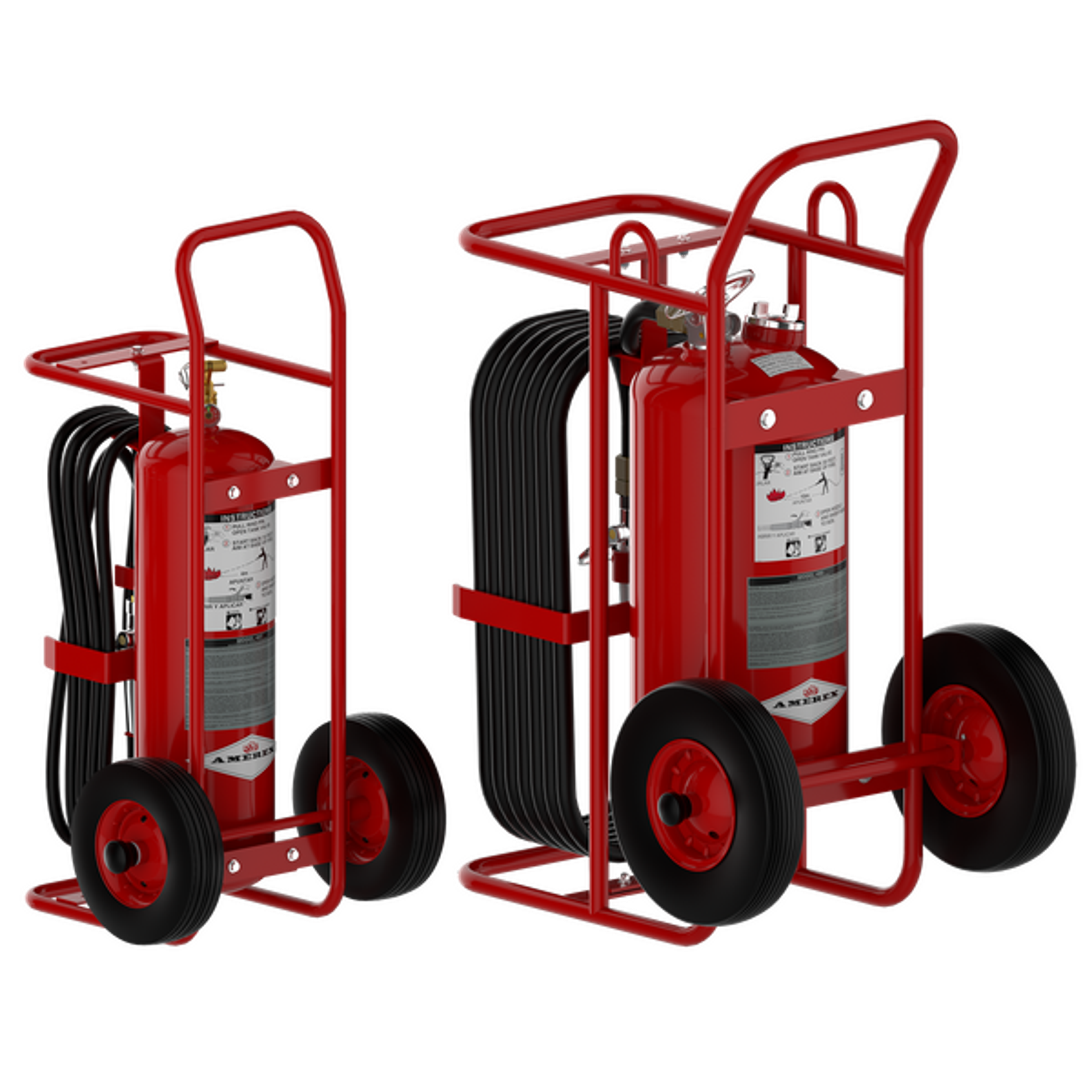 Two red wheeled fire extinguishers with black hoses and instruction labels are pictured on a white background. Both have sturdy frames and large black wheels for easy transport and handling.