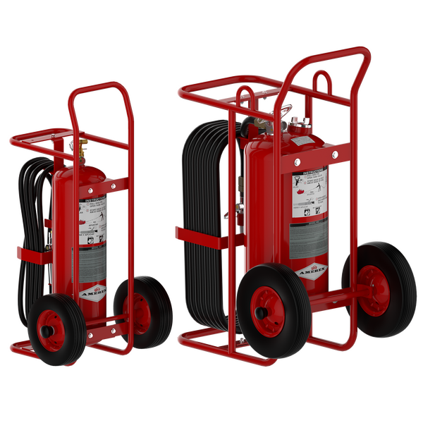 Two red wheeled fire extinguishers with black hoses and instruction labels are pictured on a white background. Both have sturdy frames and large black wheels for easy transport and handling.