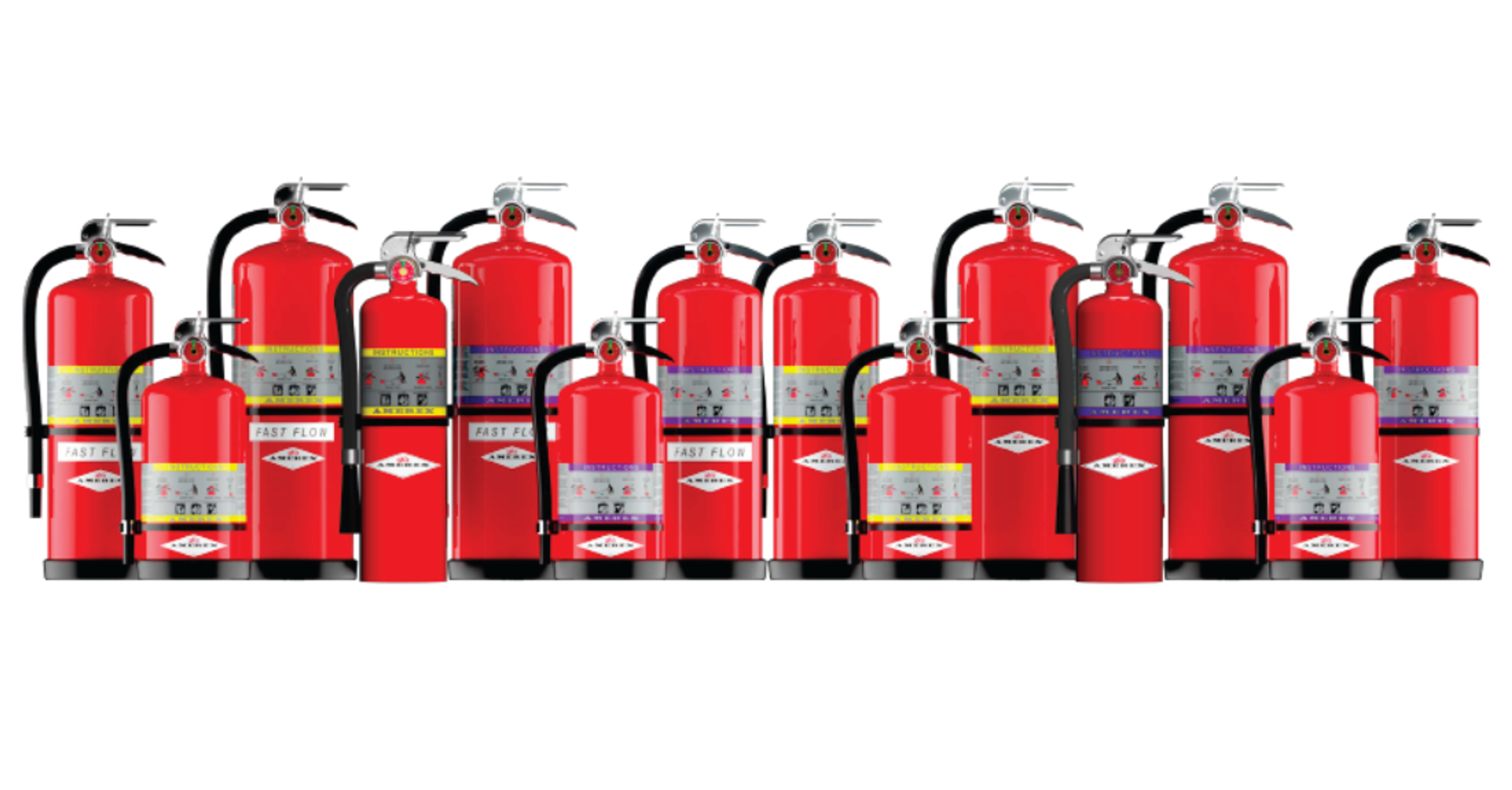 A group of fourteen red fire extinguishers of varying sizes is arranged in two rows against a white background.