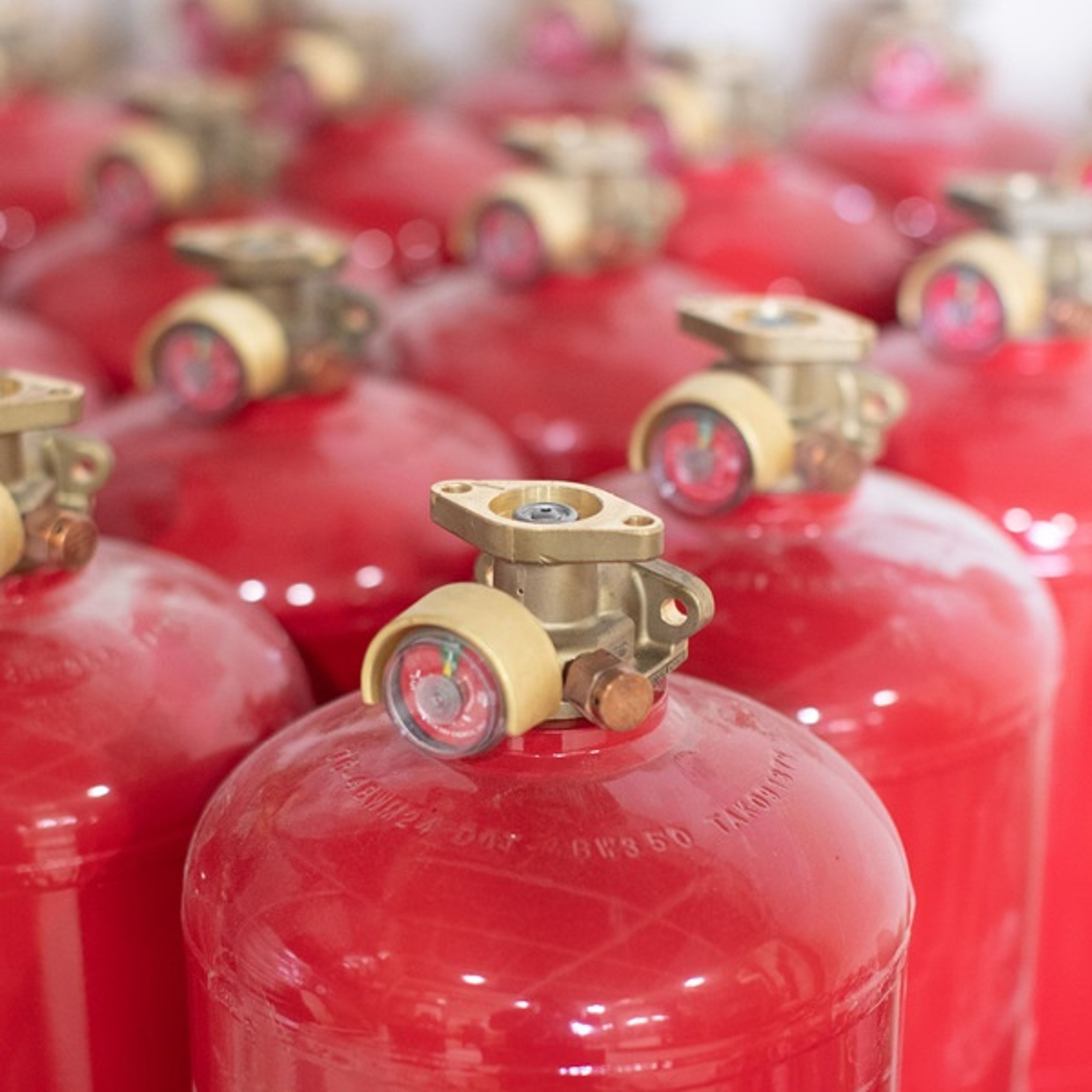 Close-up of several red fire extinguishers with brass-colored valves and pressure gauges, arranged closely together in rows.