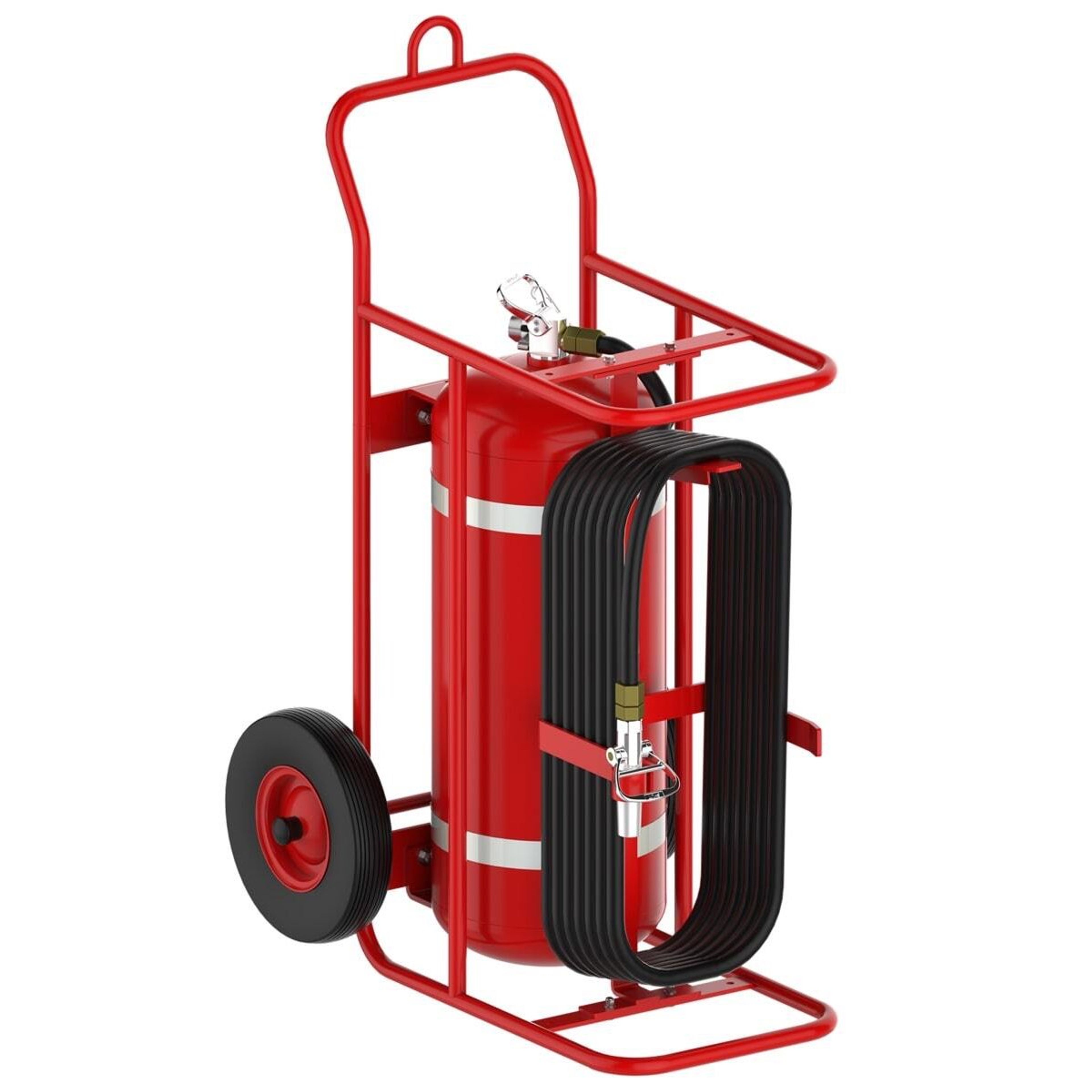 A red wheeled fire extinguisher cart with a black hose coiled on the side and a large cylinder, designed for easy transport in emergencies.