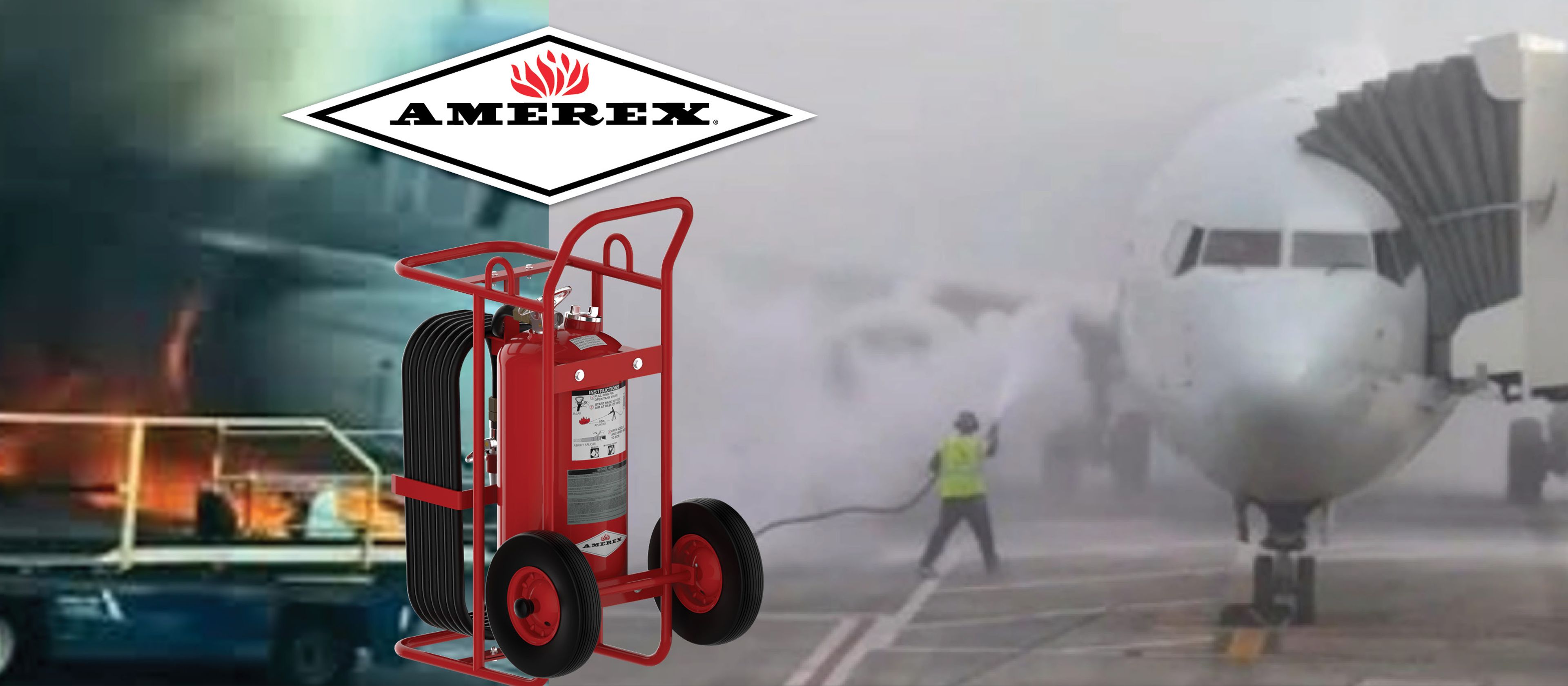 A person sprays fire suppressant at a smoking airplane on a runway. An Amerex wheeled extinguisher and company logo are shown in the foreground.