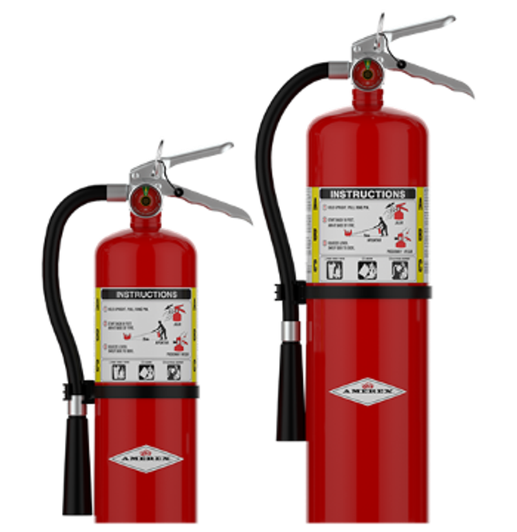 Two red fire extinguishers of different sizes, both with black hoses and instruction labels, standing upright against a plain white background.
