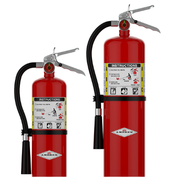 Two red fire extinguishers of different sizes, both with black hoses and instruction labels, standing upright against a plain white background.