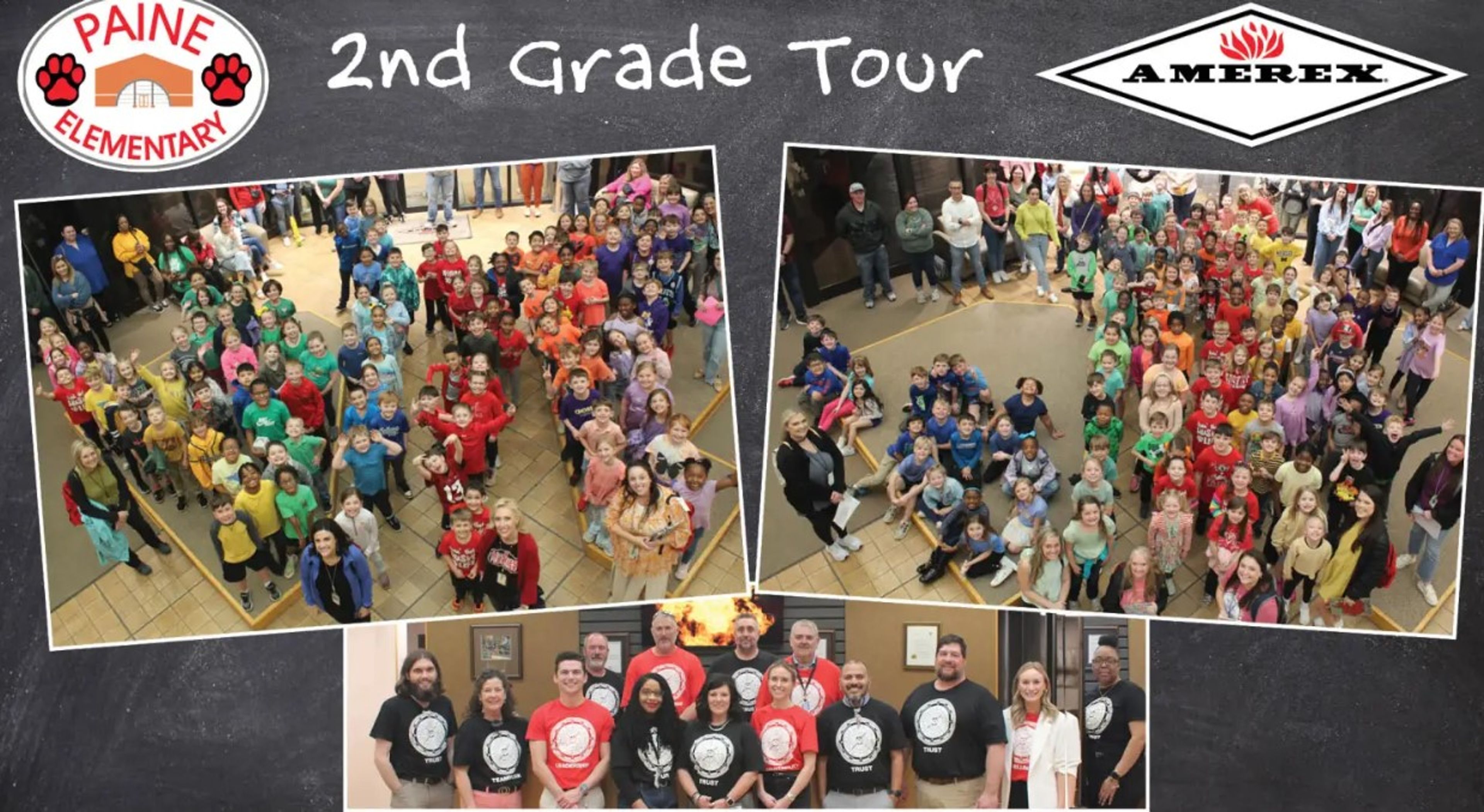 Collage of group photos from Paine Elementary’s 2nd Grade Tour at Amerex. Students and teachers pose in colorful shirts, smiling for the camera. Logos for Paine Elementary and Amerex appear at the top.
