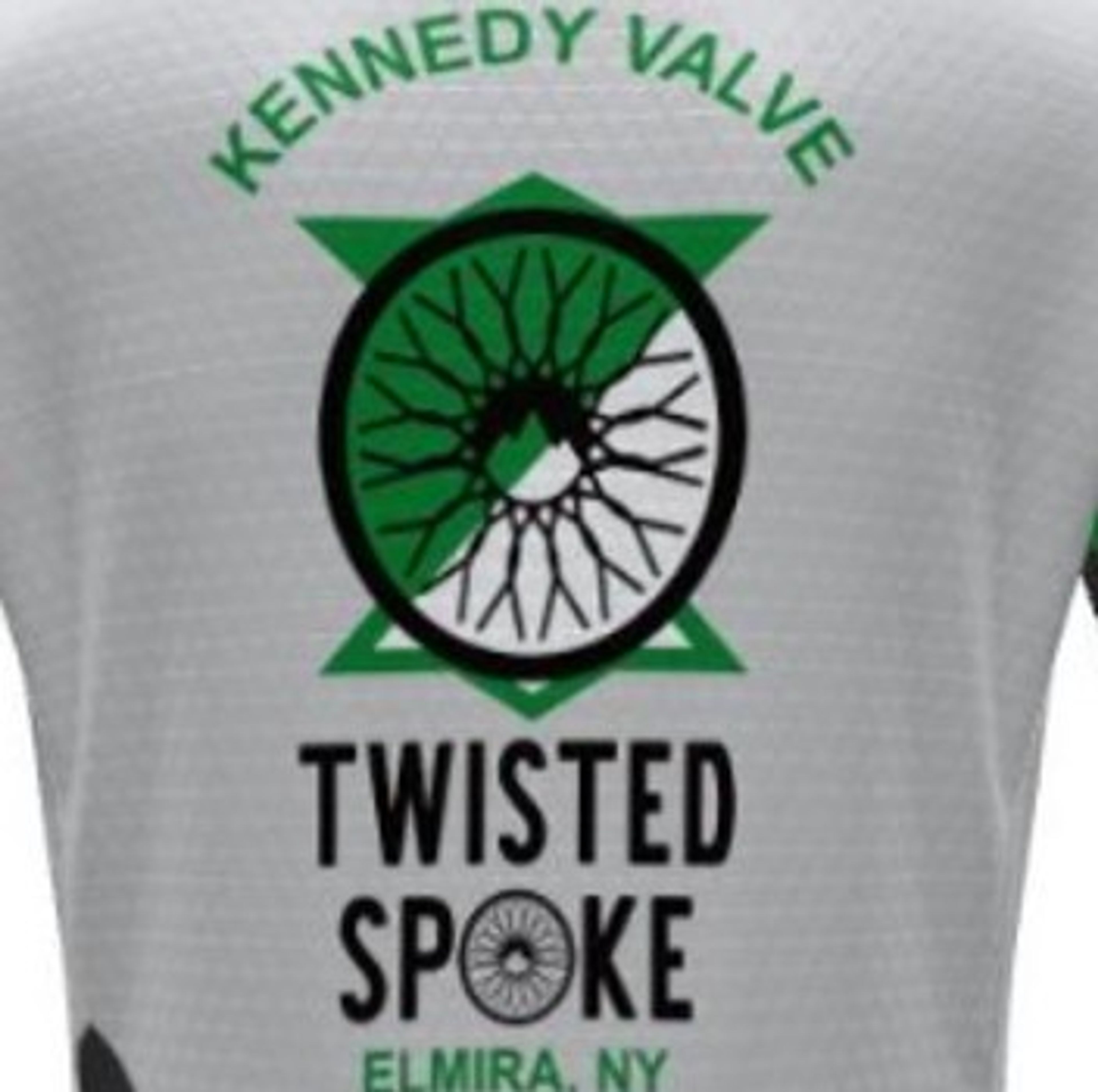 A logo with a green star, a black and white bicycle wheel, and the text: “Kennedy Valve,” “Twisted Spoke,” and “Elmira, NY” on a gray background.