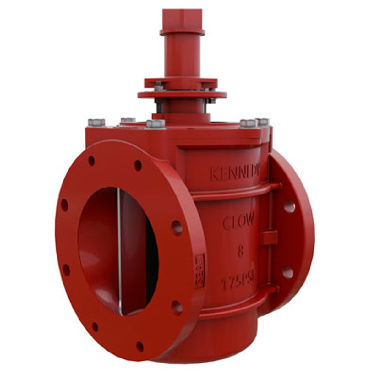 A red industrial gate valve with flanged ends and visible bolts, labeled “KENNEDY,” “CLOW,” and “8 175PSI,” designed for controlling fluid flow in pipelines.