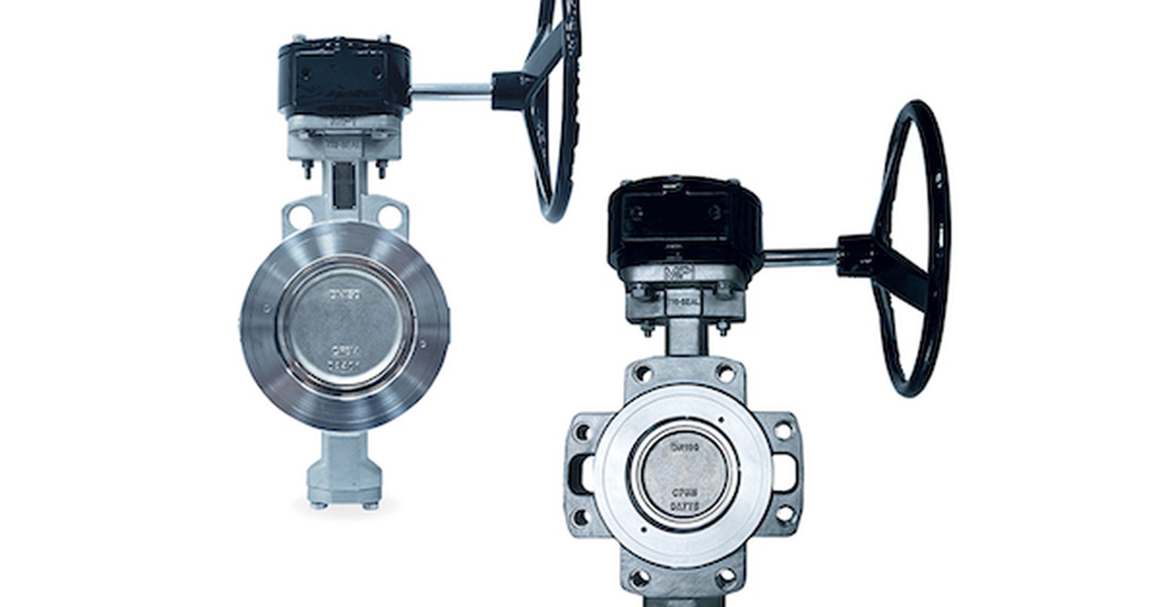 Two metallic butterfly valves with black handwheels, shown from different angles on a white background. The valves have circular disks and visible markings on the front metal face.