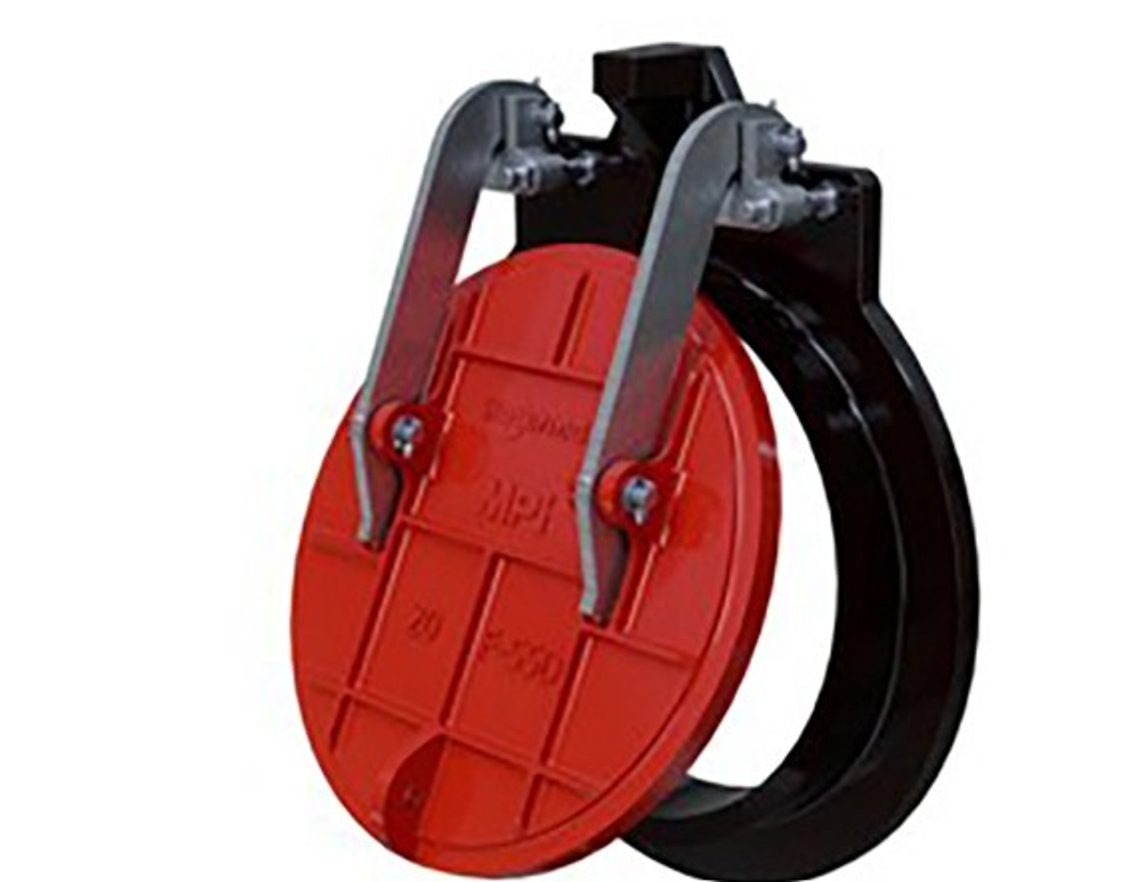 Red and black industrial check valve with a circular disk and two metal support arms, used for controlling fluid flow in piping systems.