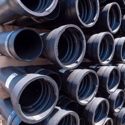 A close-up of stacked black metal pipes arranged in rows, showing the open ends facing outward, with visible threading inside the pipes.