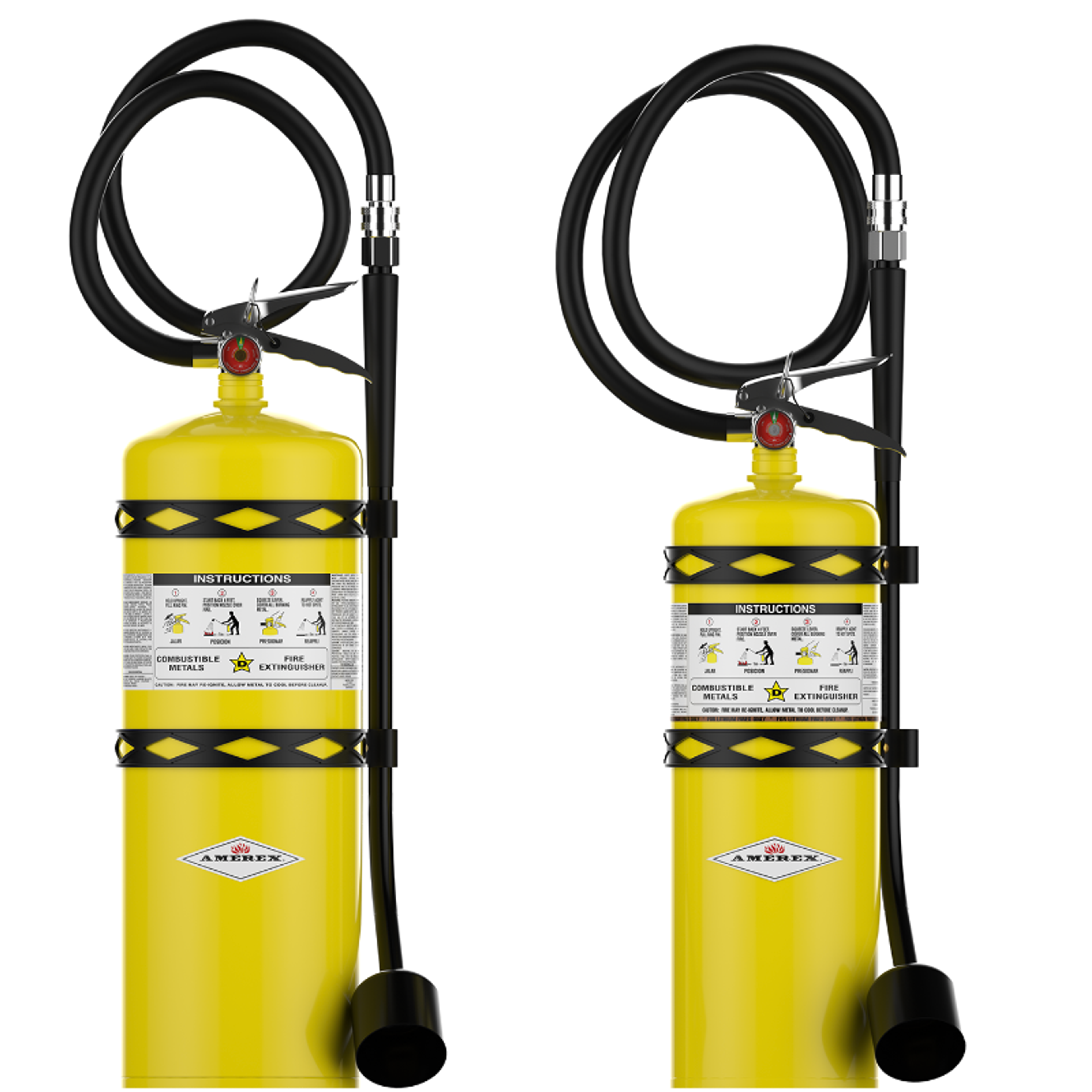 Two yellow fire extinguishers with black hoses and instructions on the front, standing upright against a white background. The hoses are coiled at the top of each extinguisher.