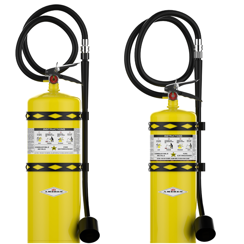 Two yellow fire extinguishers with black hoses and instructions on the front, standing upright against a white background. The hoses are coiled at the top of each extinguisher.