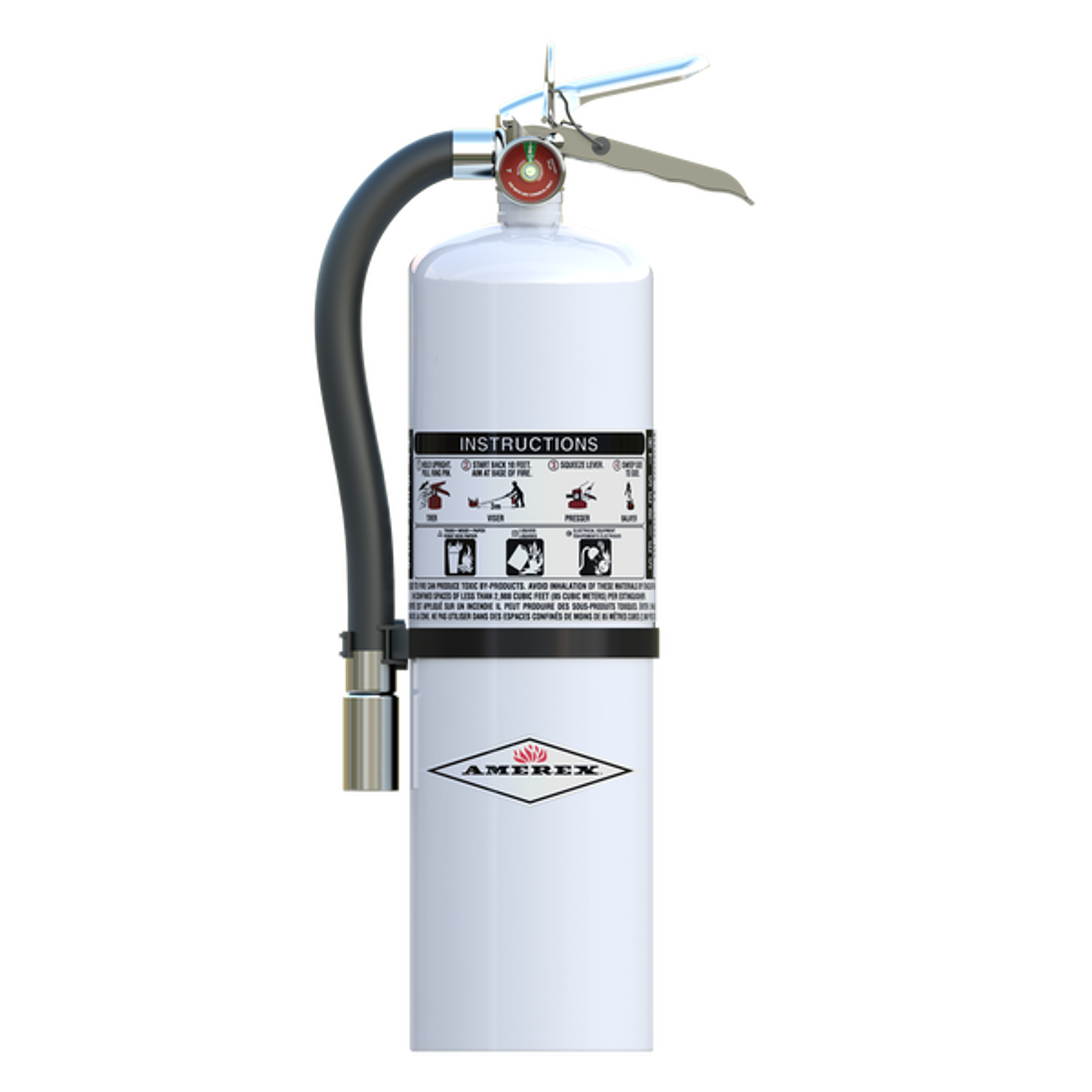 A white fire extinguisher with a black hose, pressure gauge, and instruction label on the front, standing upright against a plain white background.