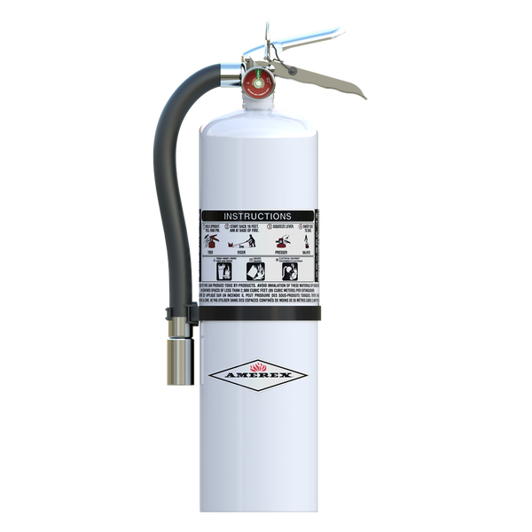 A white fire extinguisher with a black hose, pressure gauge, and instruction label on the front, standing upright against a plain white background.