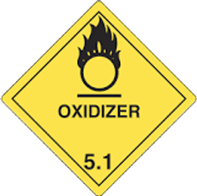 Yellow diamond hazard sign with a black flame over a circle, labeled “OXIDIZER” and “5.1,” indicating an oxidizing substance.