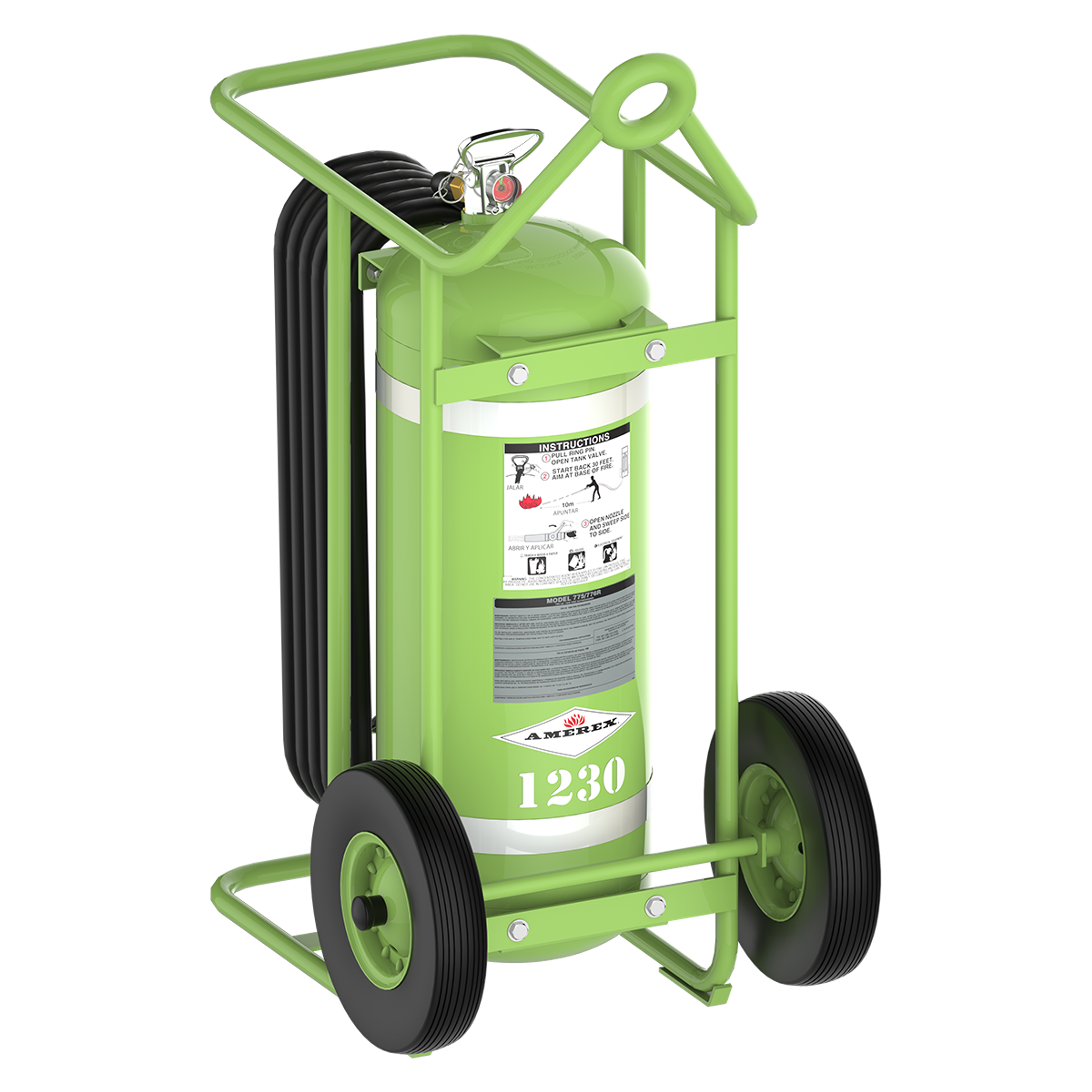 A green wheeled fire extinguisher with a hose and handle, labeled “1230,” designed for easy transport and use in emergencies.