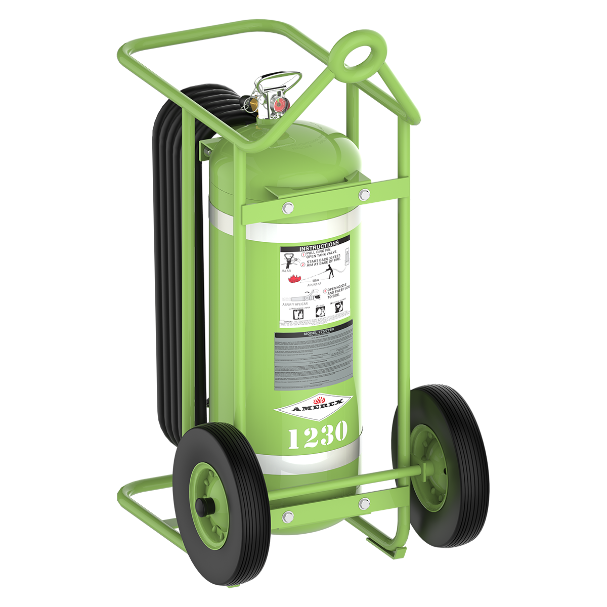 A green wheeled fire extinguisher with a hose and handle, labeled “1230,” designed for easy transport and use in emergencies.
