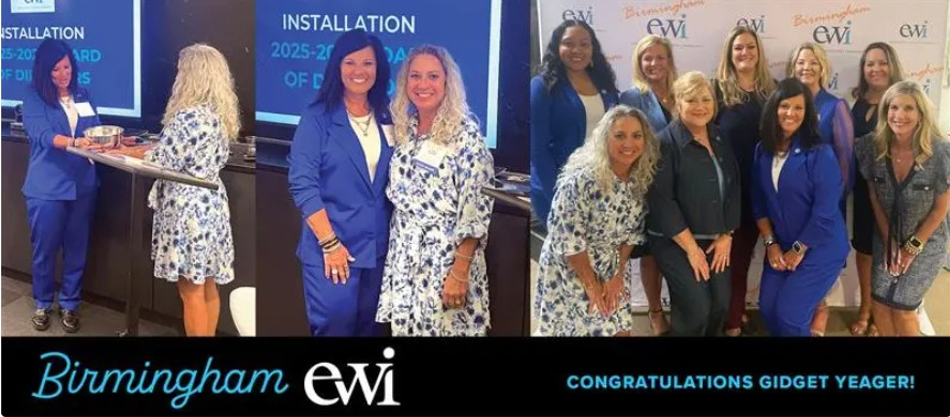 Birmingham EWI 2025-2026 Board of Directors installation ceremony. Gidget Yeager receives recognition alongside fellow members posing for group photo.