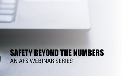 A partial laptop is shown with the text “SAFETY BEYOND THE NUMBERS AN AFS WEBINAR SERIES” on a light background.