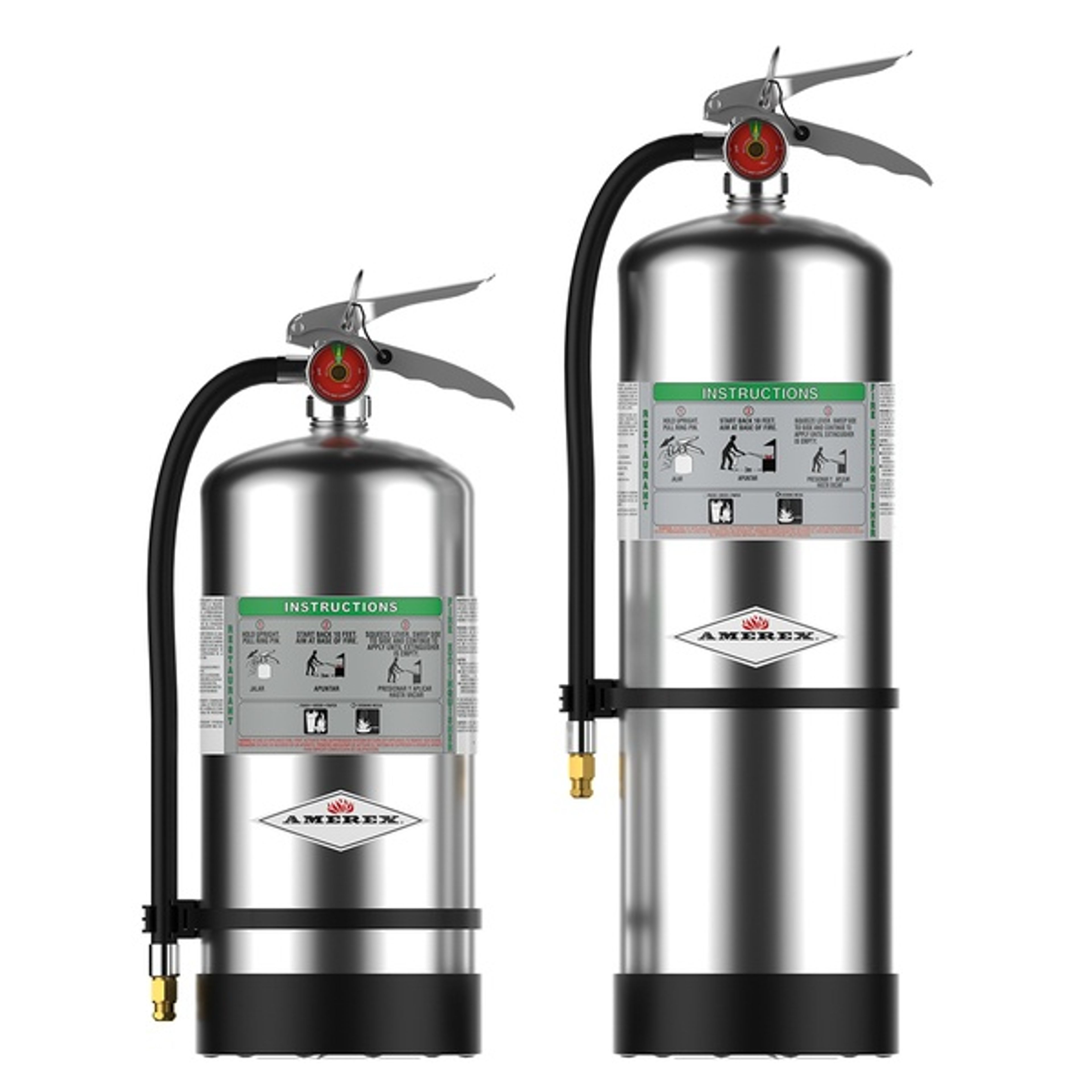 Two stainless steel Amerex fire extinguishers stand upright, one short and one tall, each with a black hose, instruction label, and pressure gauge on top.