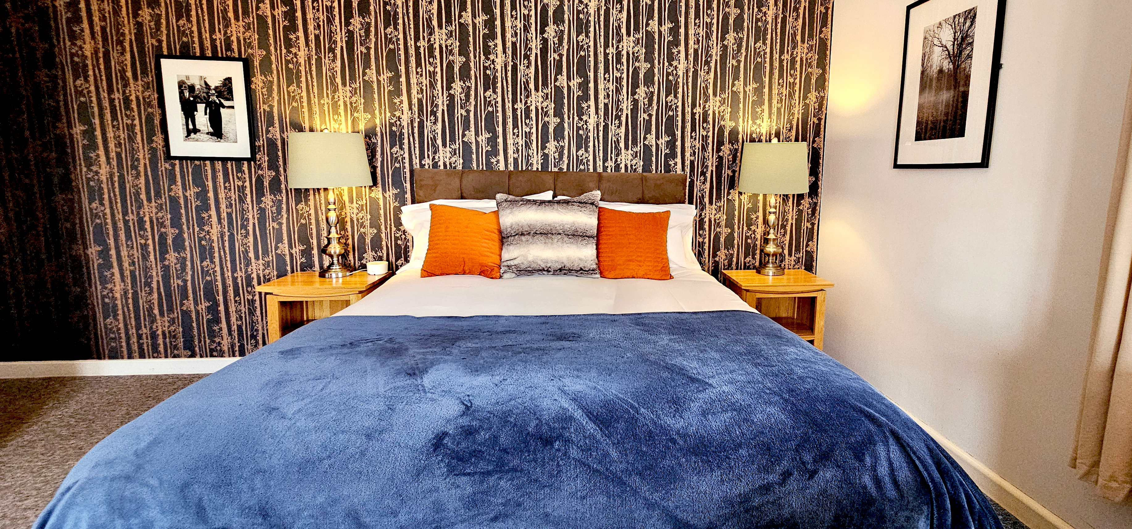 Deluxe king size bed and cover with bedside lamps