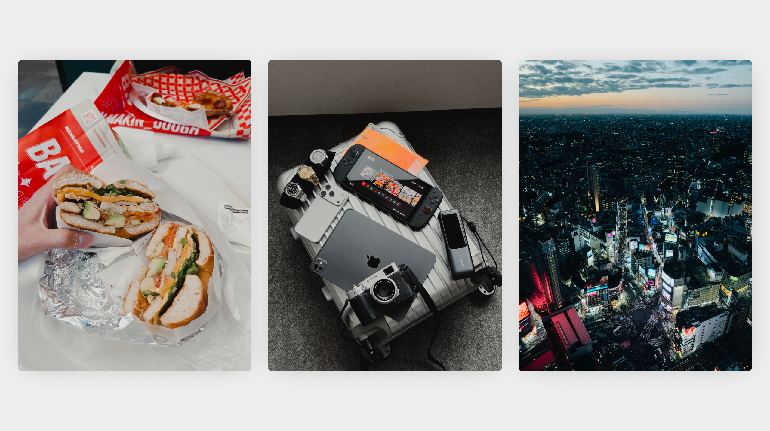 Three travel photos in a grid: a stacked sandwich, camera gear on a bed, and a city skyline lit up at night