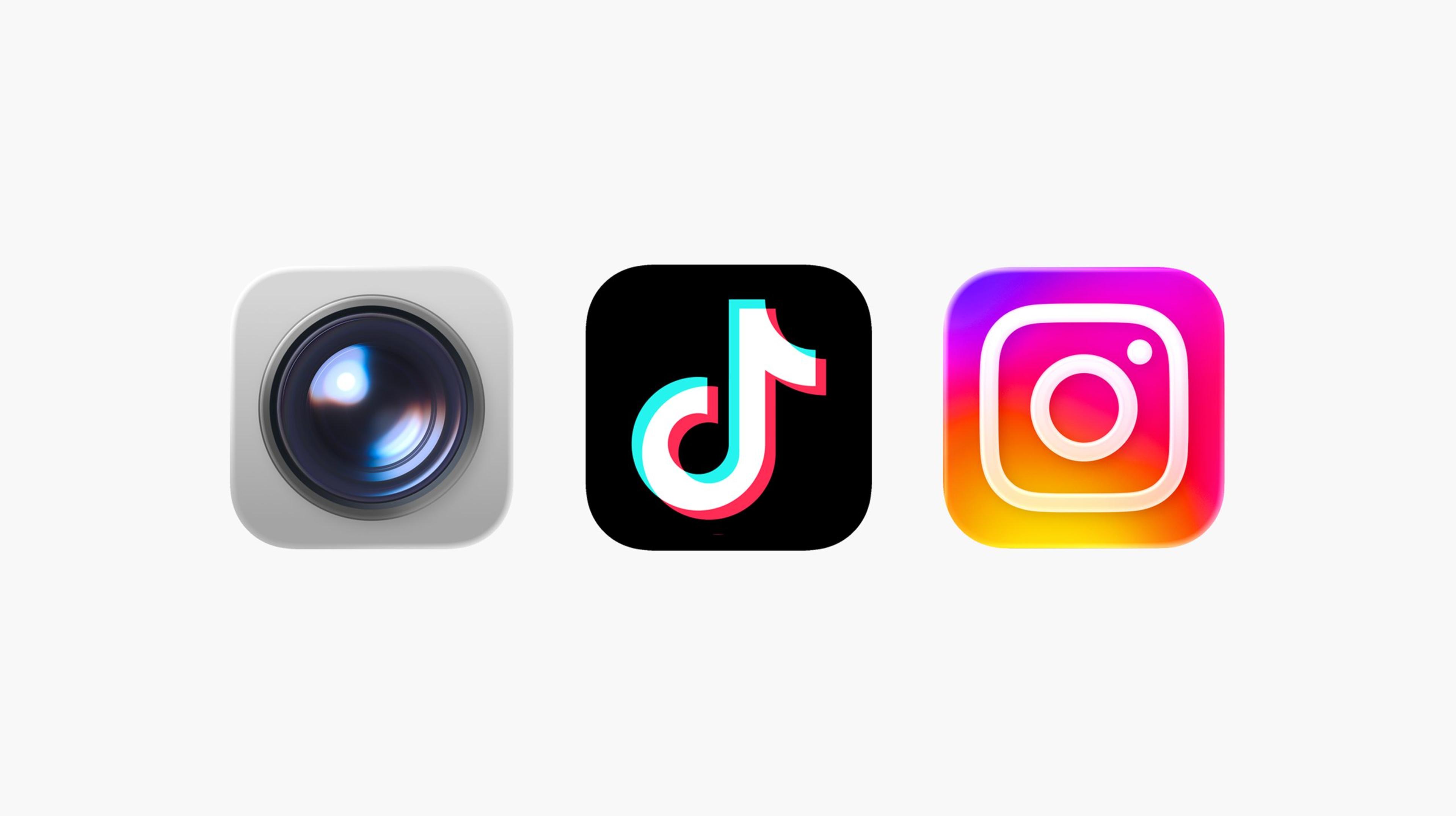 Camera, TikTok and Instagram app icons displayed side by side on a plain white background