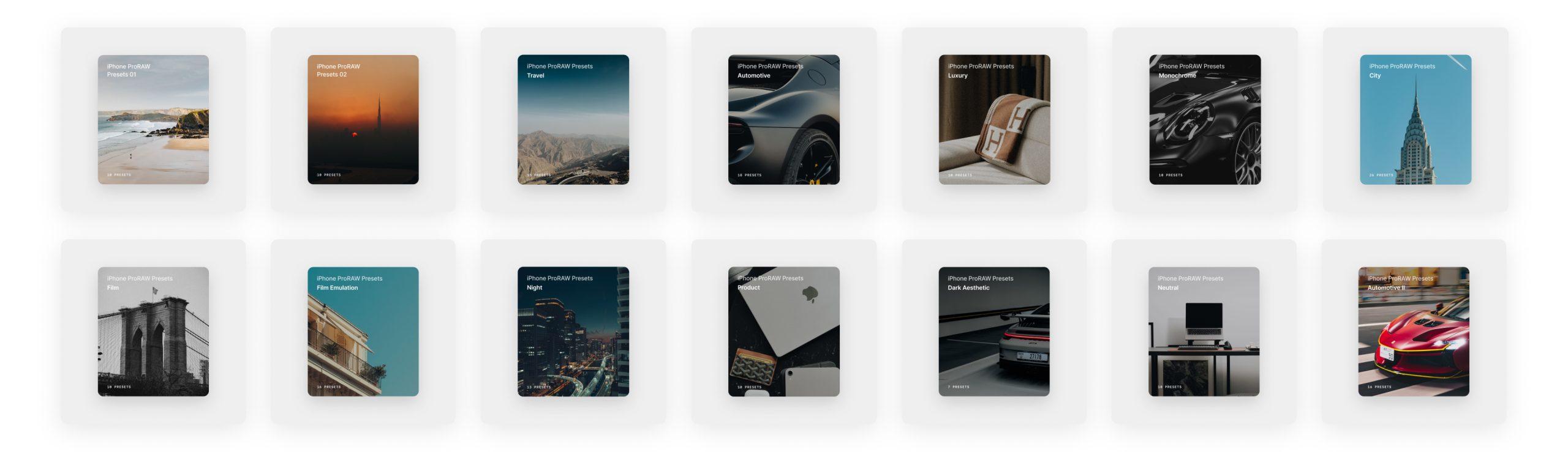 Grid of small preset thumbnail previews spanning coastal, city and car photography styles