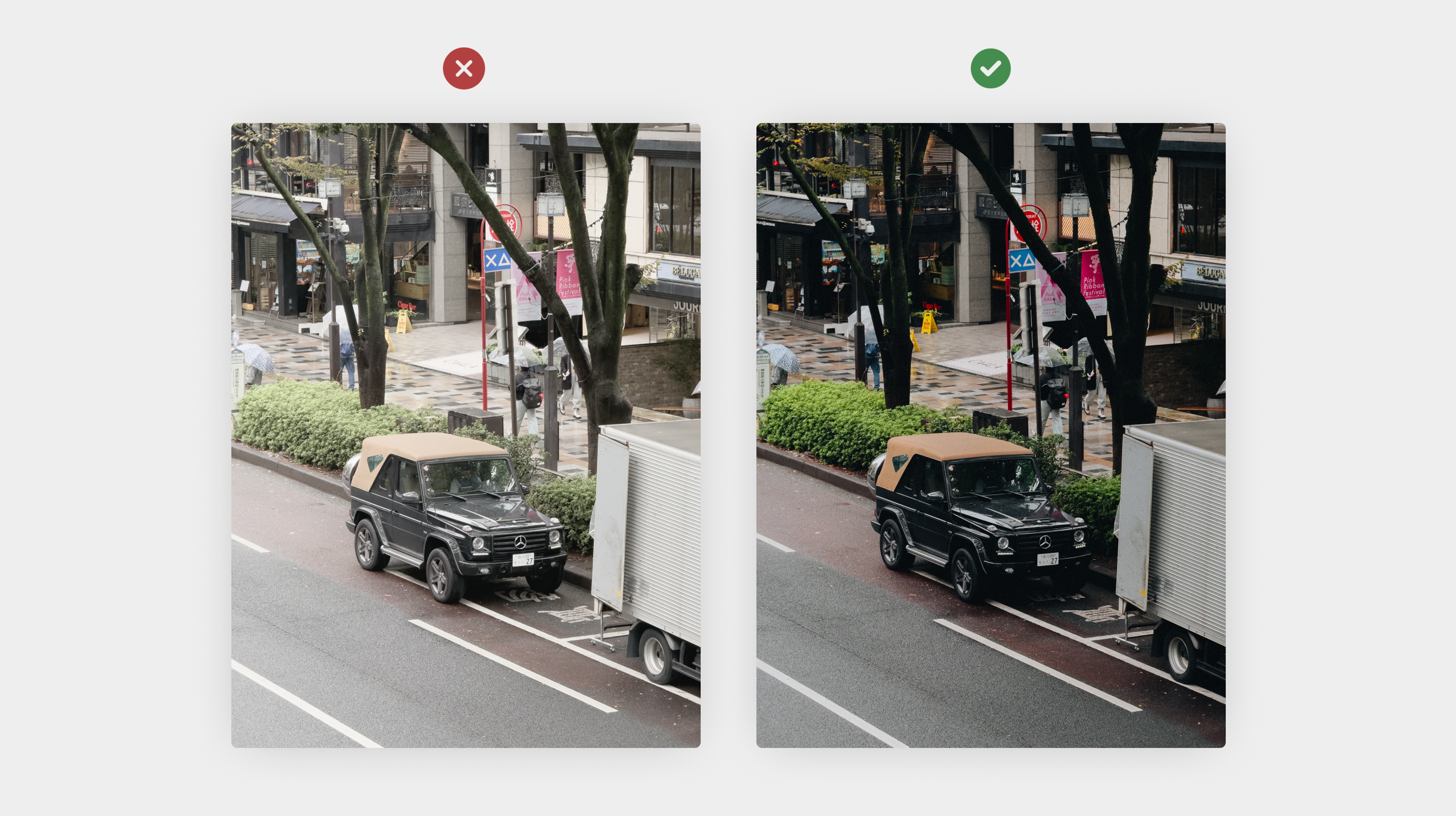 Comparison marked with a red cross and green tick of a parked car on a tree-lined street, the tick version richer in contrast