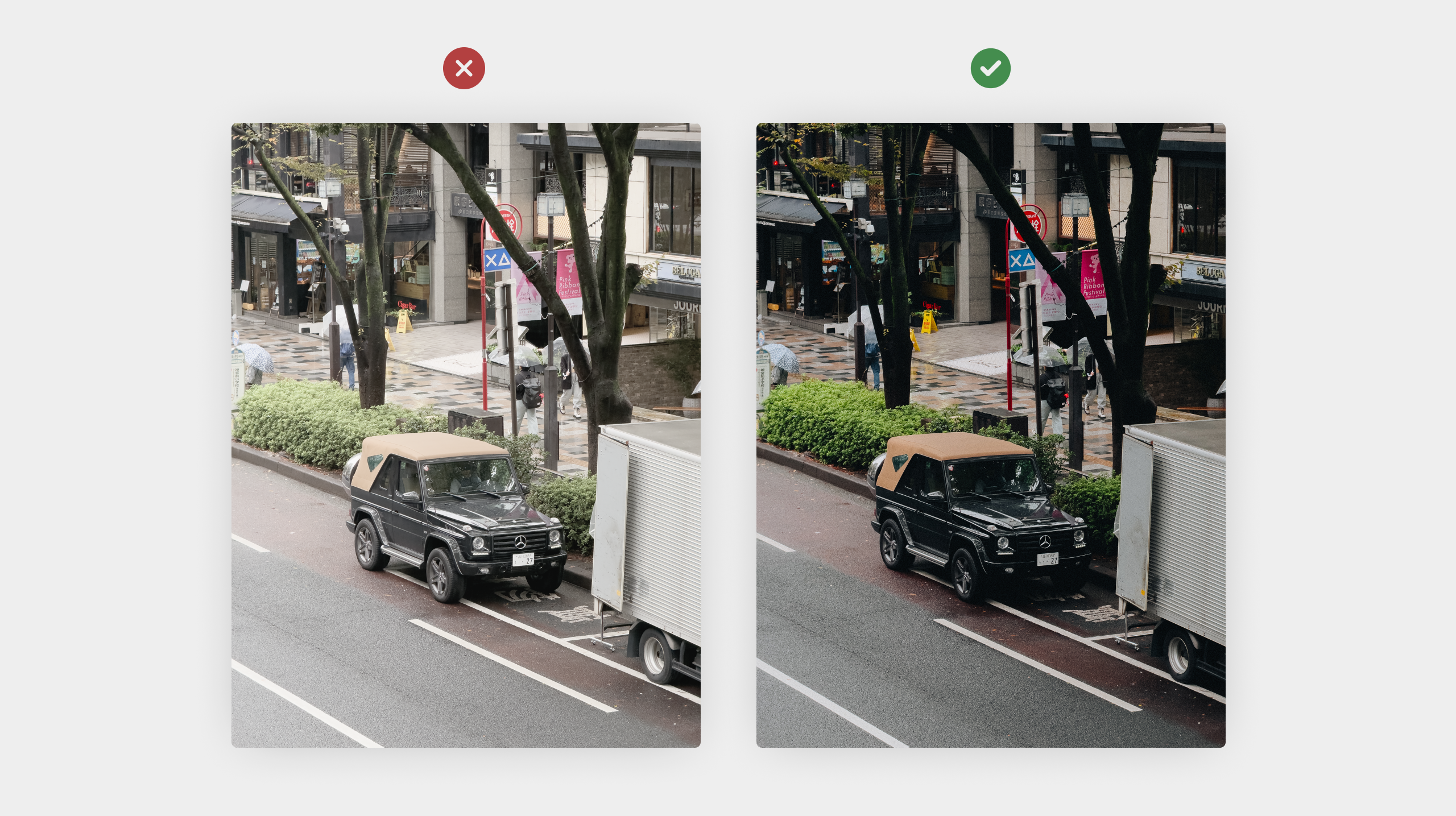 Comparison marked with a red cross and green tick of a parked car on a tree-lined street, the tick version richer in contrast