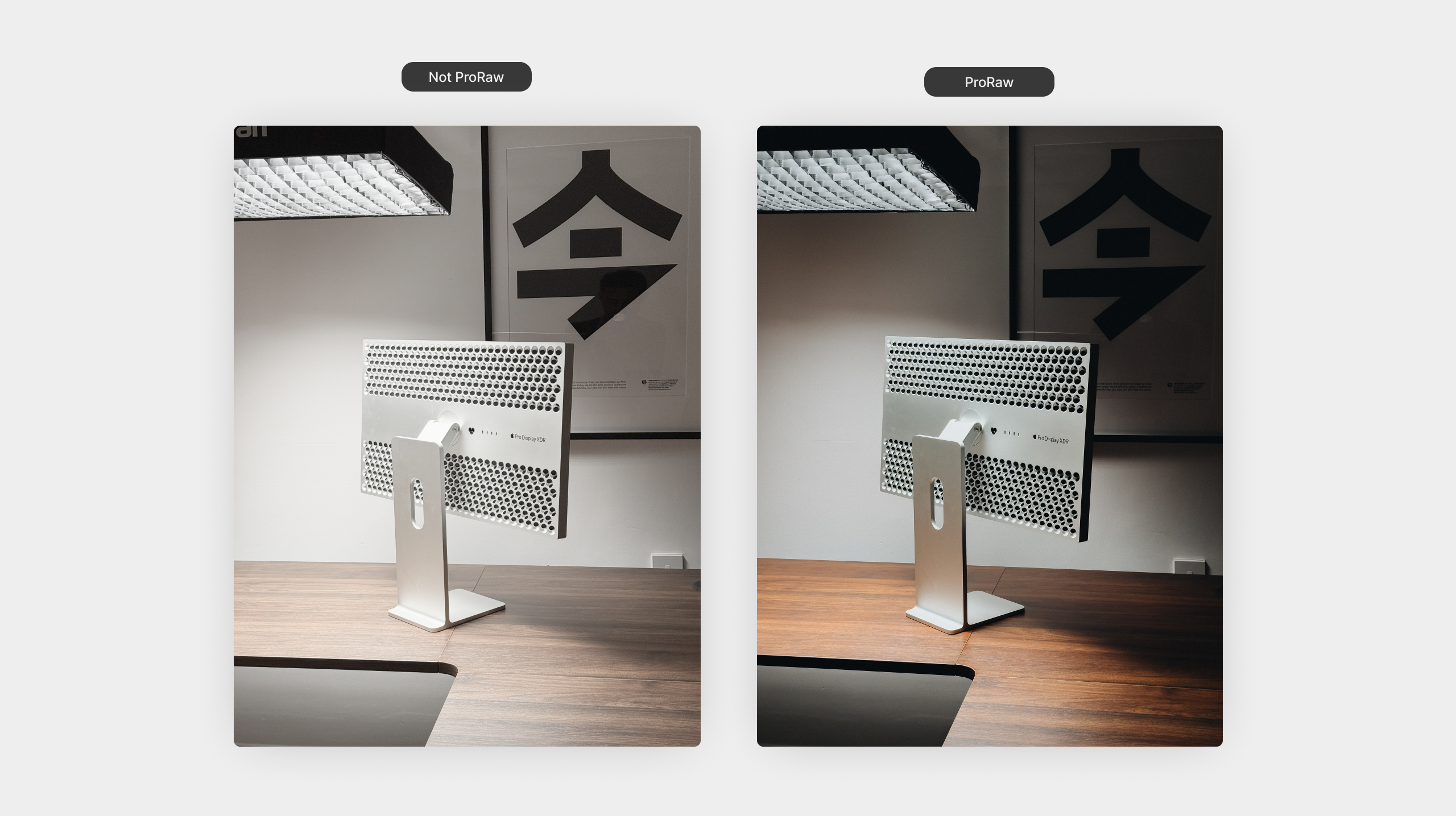 Comparison labelled 'Not ProRaw' and 'ProRaw' of a desk scene, the ProRaw side showing richer shadow detail and warmer tone