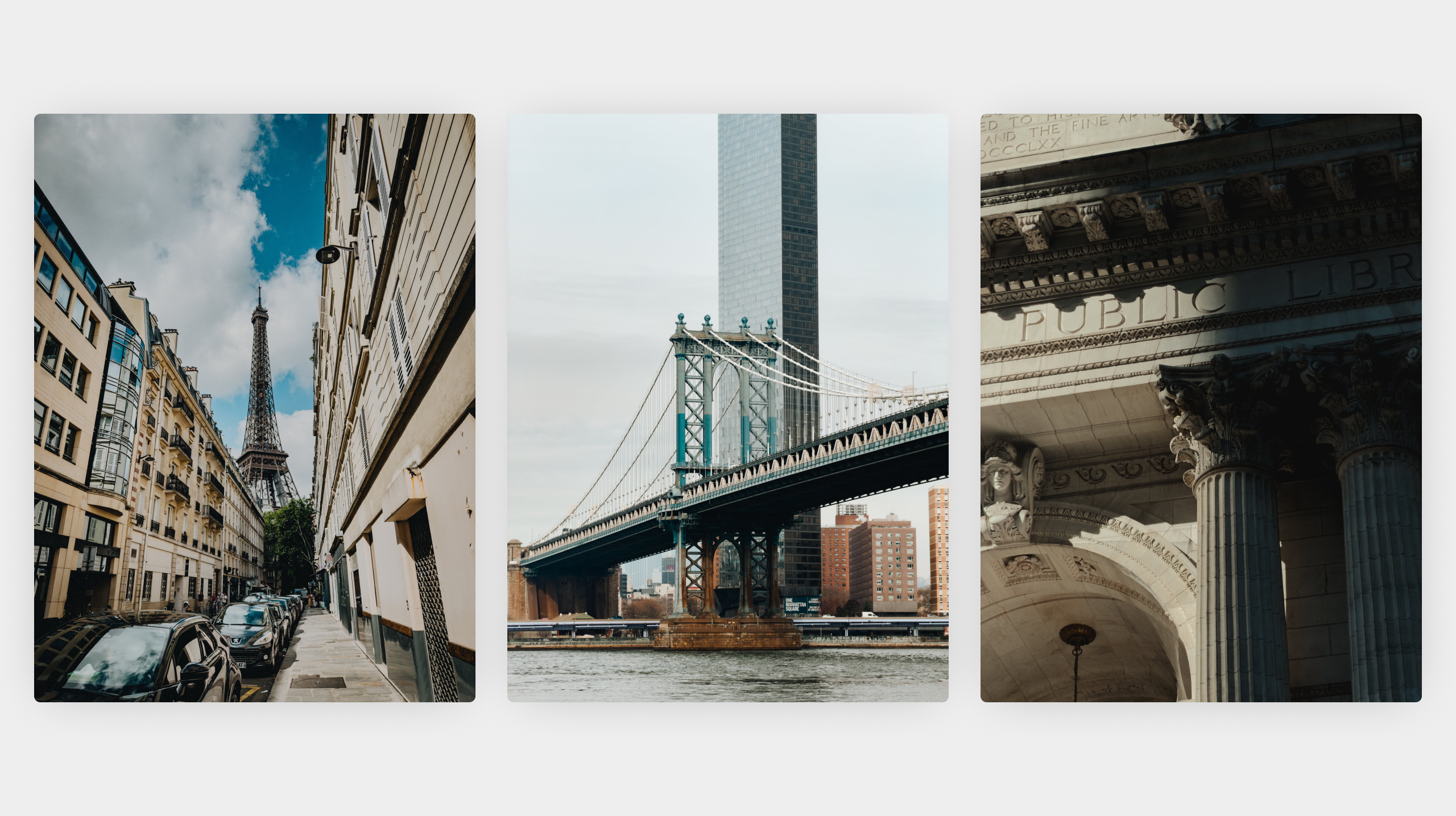 Three architecture photos: the Eiffel Tower down a Paris street, a suspension bridge, and library columns