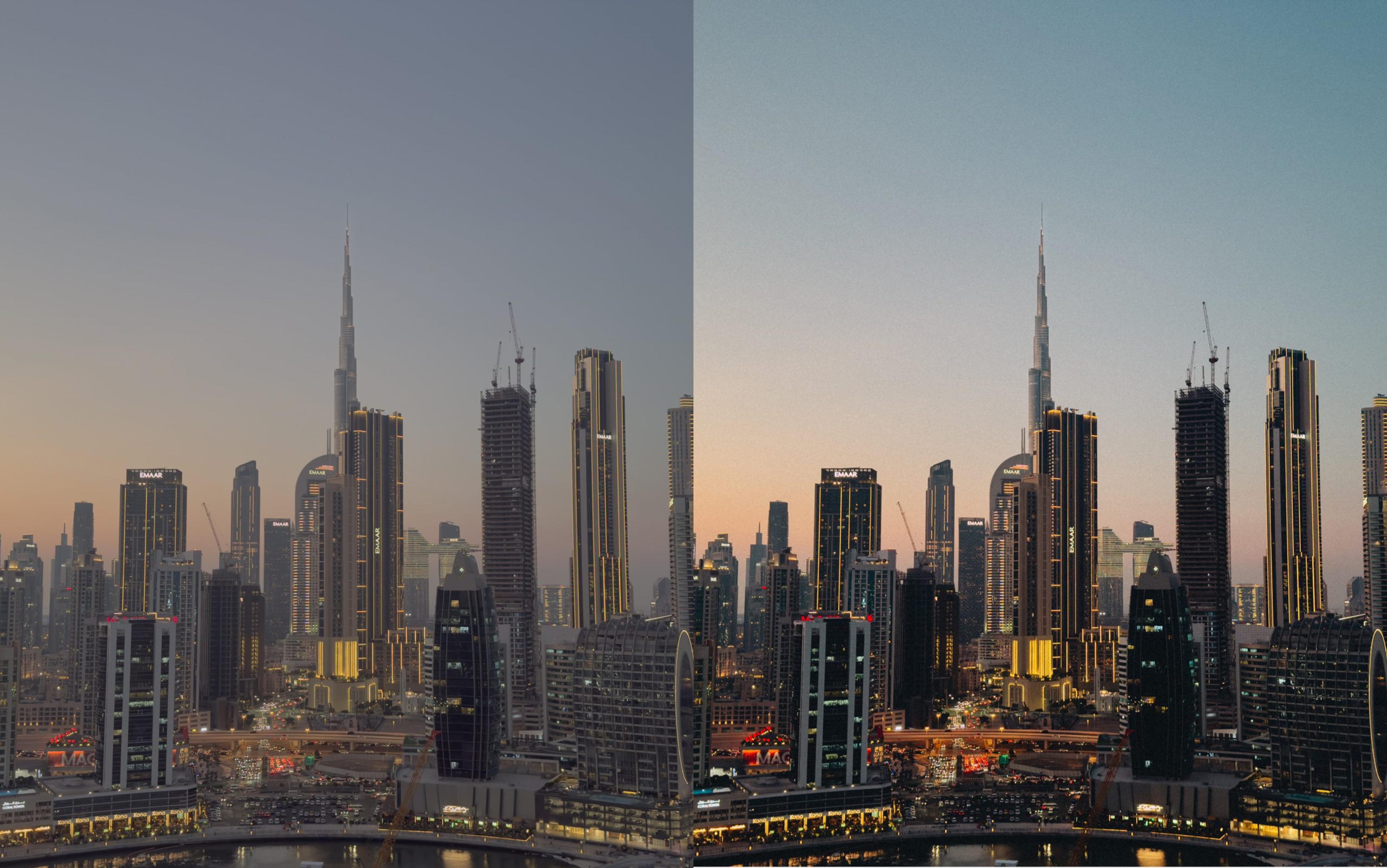Side-by-side comparison of the Dubai skyline at dusk: flat grey 'before', warm graded 'after'