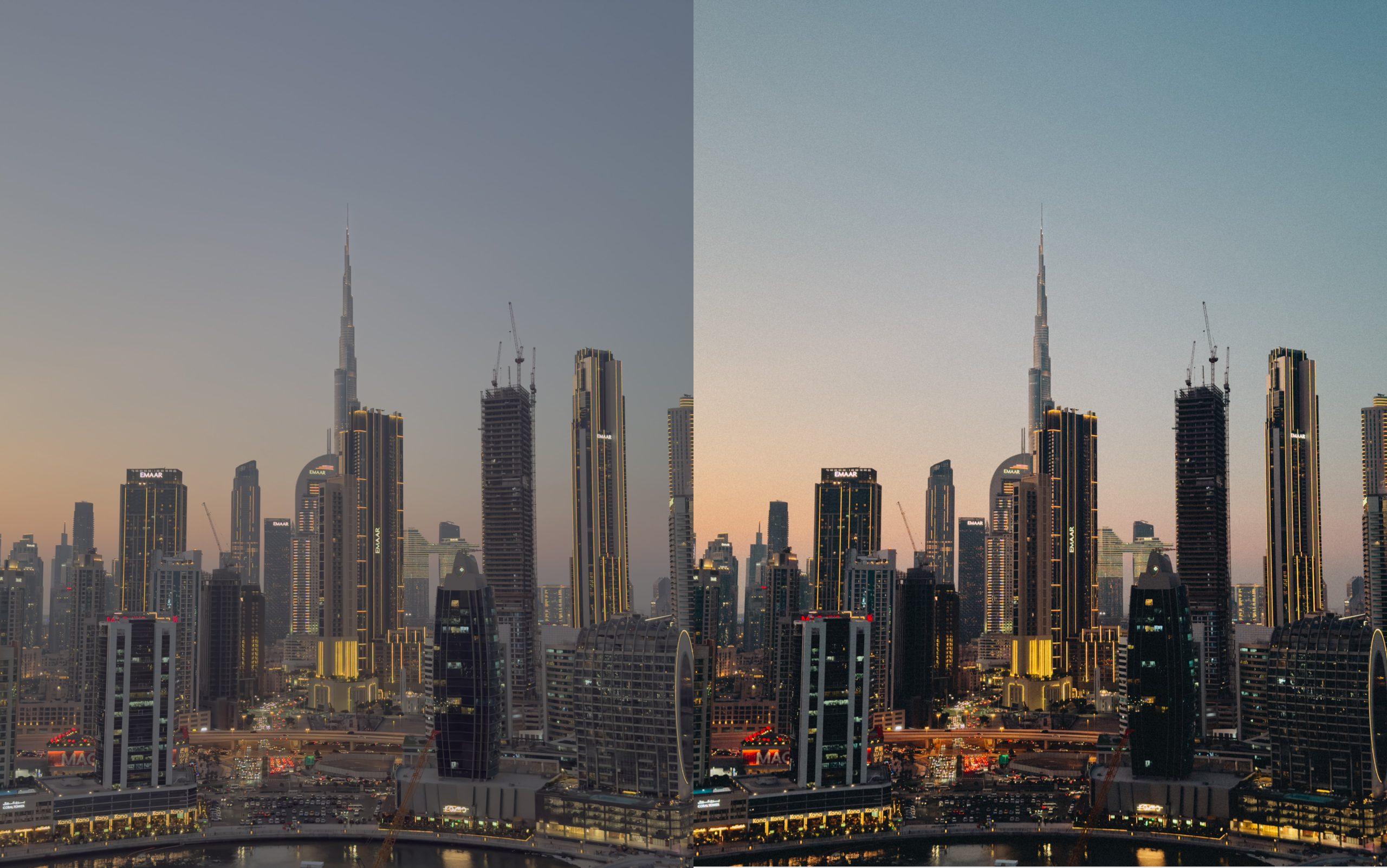 Side-by-side comparison of the Dubai skyline at dusk: flat grey 'before', warm graded 'after'