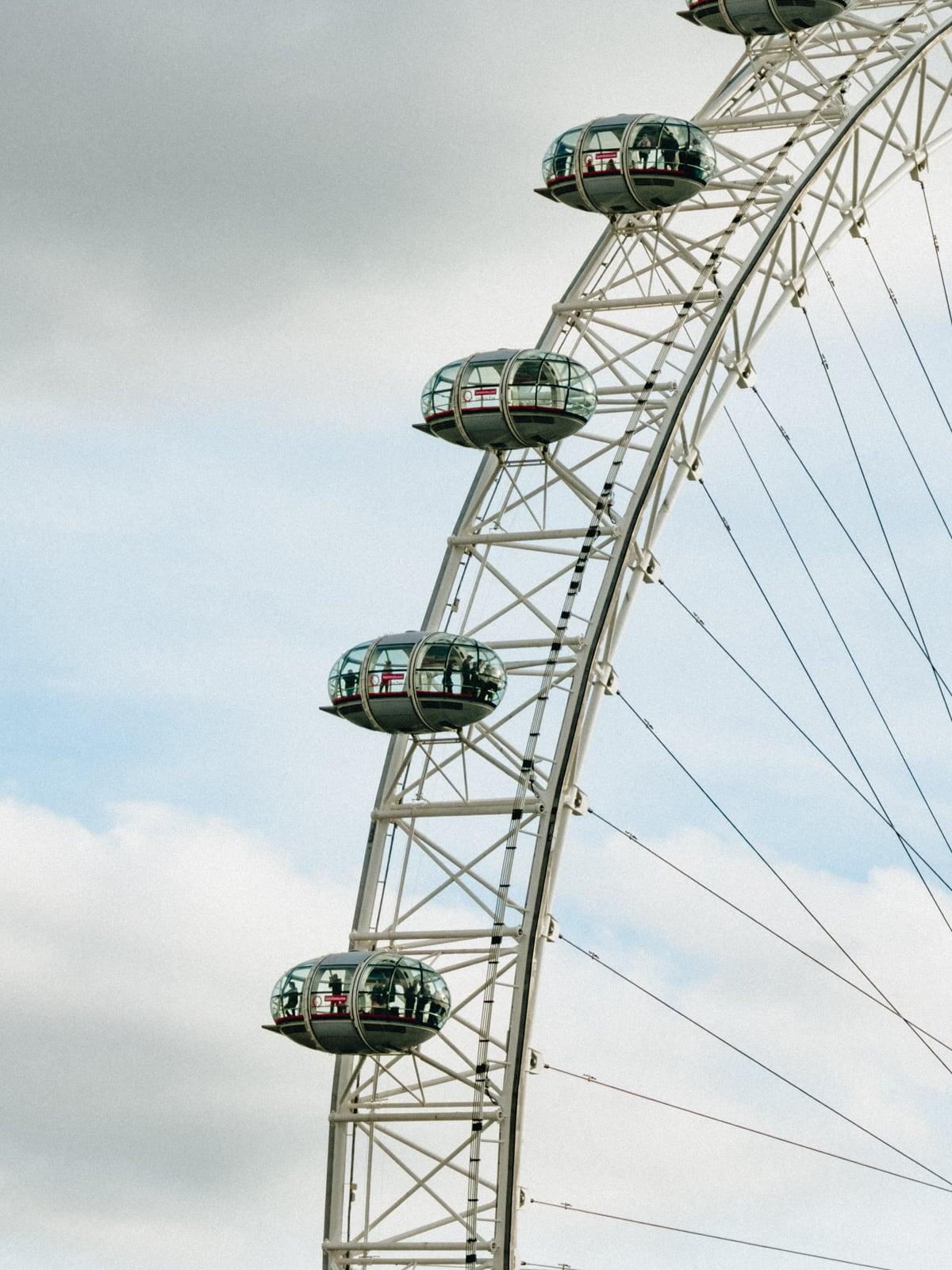 Close-up of London Eye capsules with passengers inside, against a cloudy sky