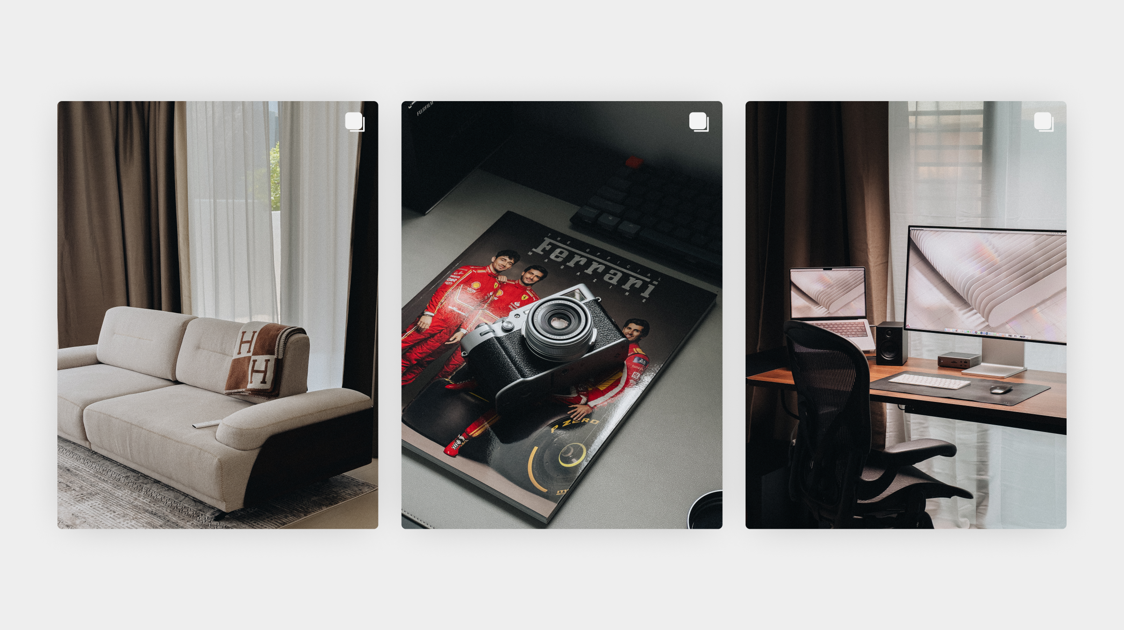 Grid of three photos - a sofa, a camera on a magazine, a desk setup - in a matching moody style