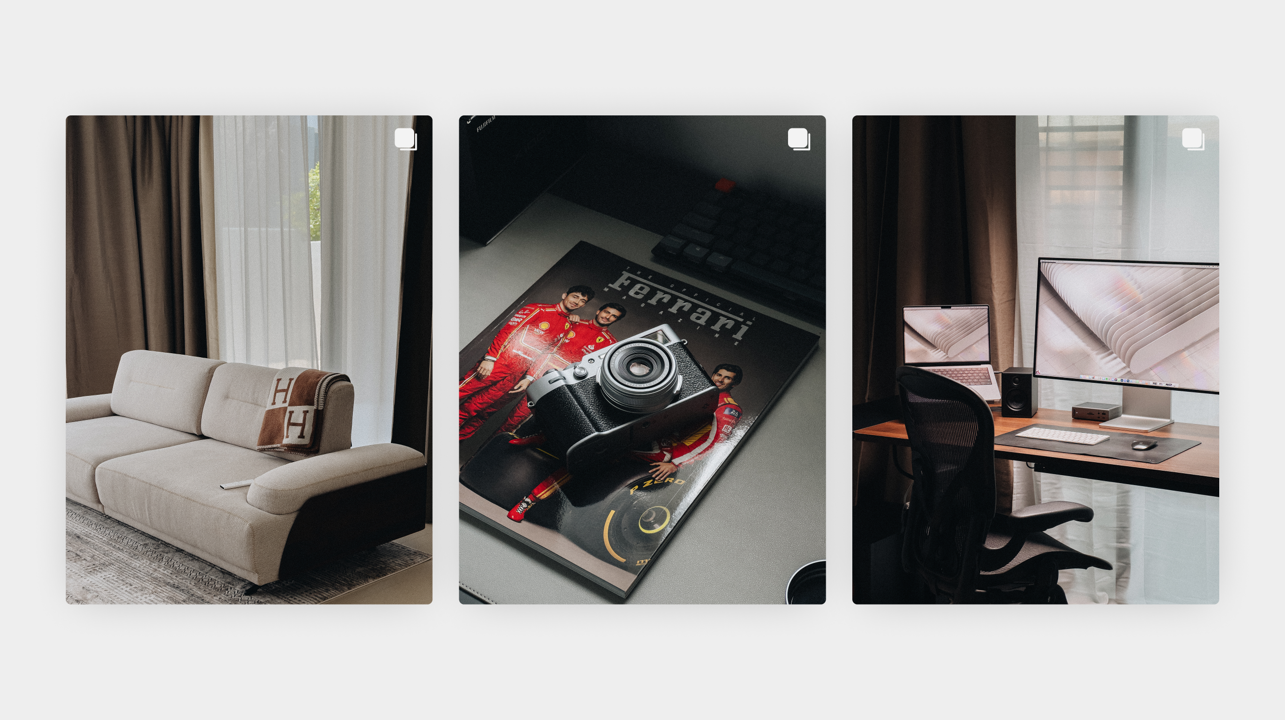 Grid of three photos - a sofa, a camera on a magazine, a desk setup - in a matching moody style